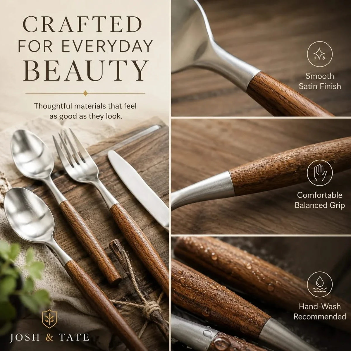 Besteckset aus Edelstahl mit Holzgriffen - 5- bis 30-teiliges Tafelbesteck - minimalistisches japanisches Design | Sansoti