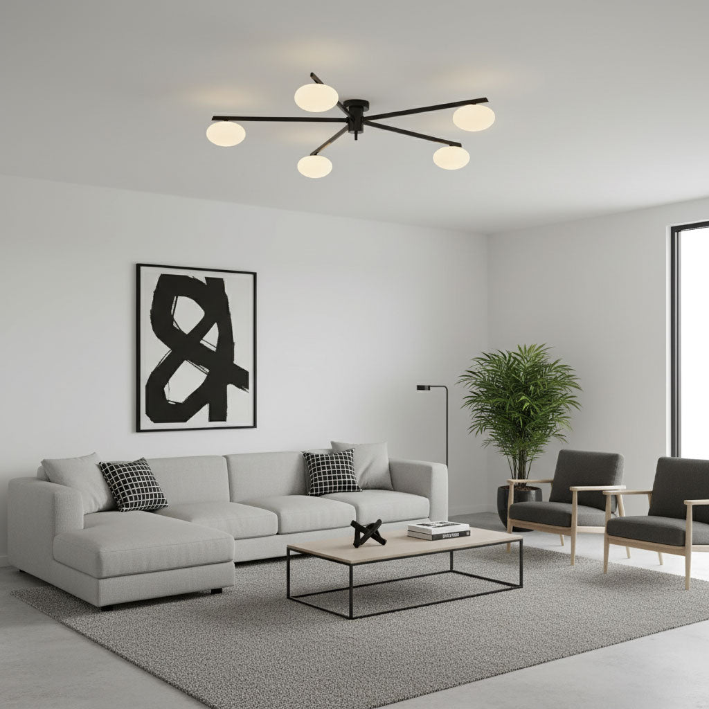Plafondlamp met Ovale Glasbolletjes en Slanke Armen – Modern Laagprofieldesign voor Lage Plafonds in Zwart of Messing – G9 Fitting – 3-Kops, 5-Kops en 6-Kops Configuratie | Sansoti