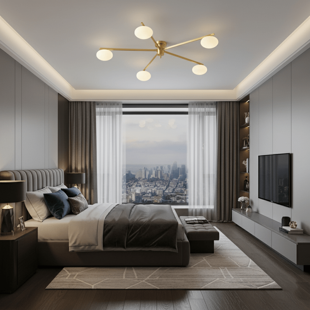 Plafondlamp met Ovale Glasbolletjes en Slanke Armen – Modern Laagprofieldesign voor Lage Plafonds in Zwart of Messing – G9 Fitting – 3-Kops, 5-Kops en 6-Kops Configuratie | Sansoti
