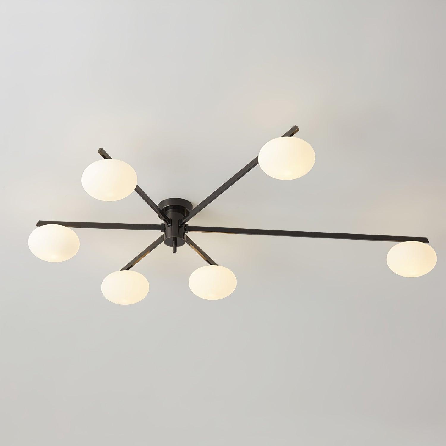 Plafondlamp met Ovale Glasbolletjes en Slanke Armen – Modern Laagprofieldesign voor Lage Plafonds in Zwart of Messing – G9 Fitting – 3-Kops, 5-Kops en 6-Kops Configuratie | Sansoti