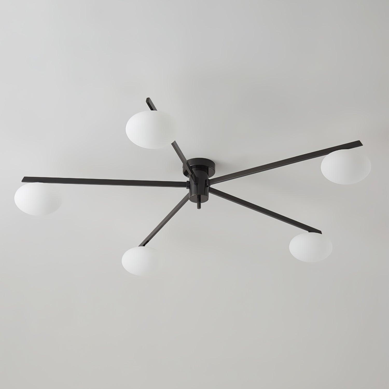 Plafondlamp met Ovale Glasbolletjes en Slanke Armen – Modern Laagprofieldesign voor Lage Plafonds in Zwart of Messing – G9 Fitting – 3-Kops, 5-Kops en 6-Kops Configuratie | Sansoti