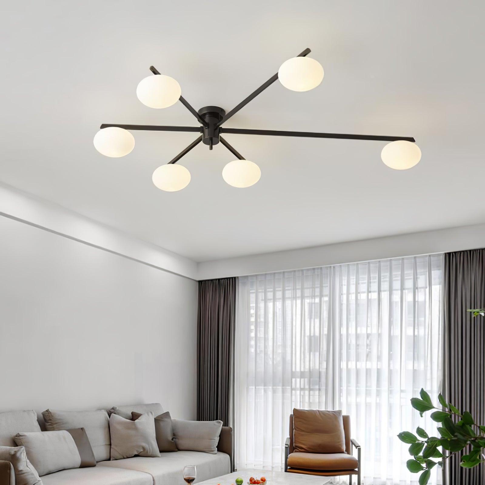 Plafondlamp met Ovale Glasbolletjes en Slanke Armen – Modern Laagprofieldesign voor Lage Plafonds in Zwart of Messing – G9 Fitting – 3-Kops, 5-Kops en 6-Kops Configuratie | Sansoti