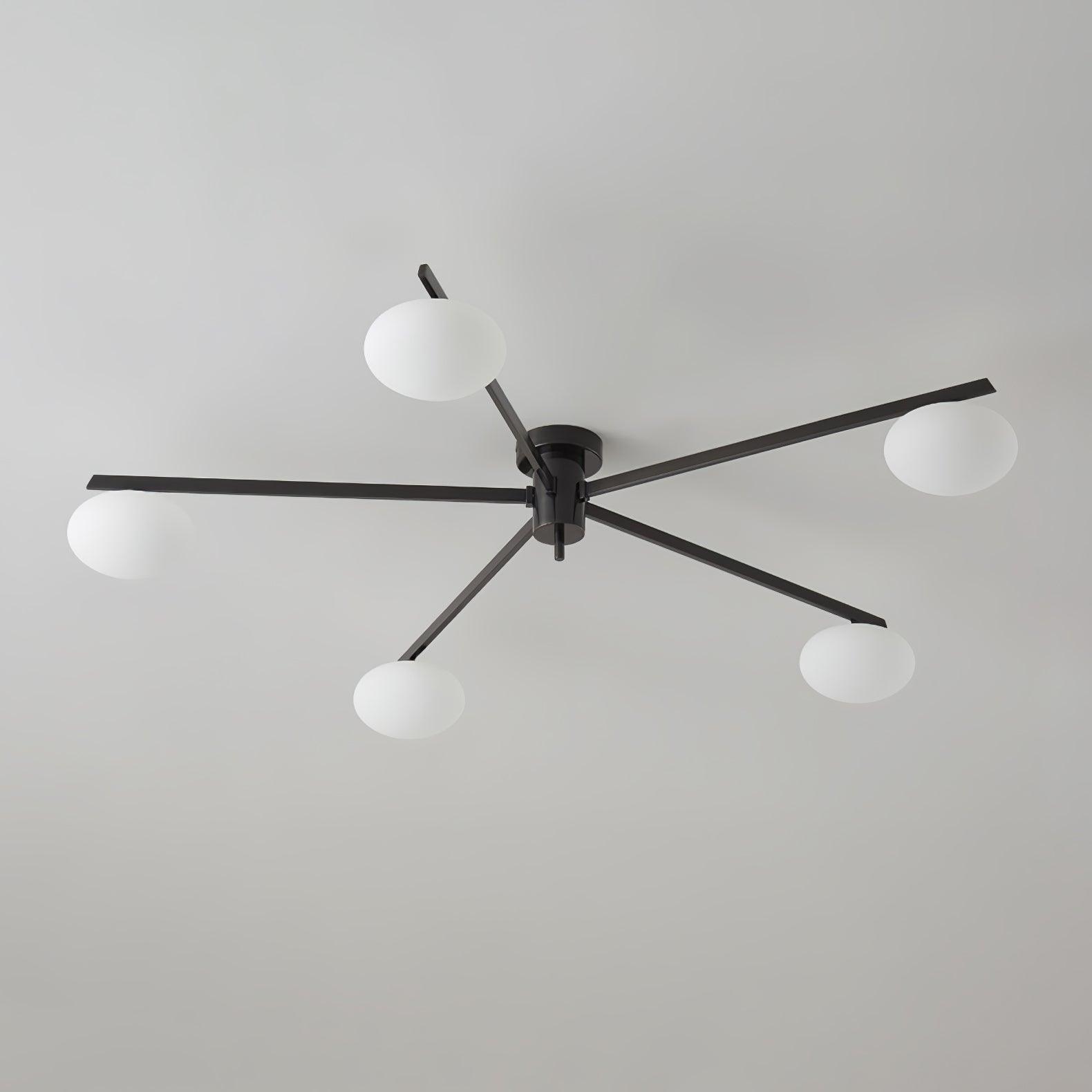 Plafondlamp met Ovale Glasbolletjes en Slanke Armen – Modern Laagprofieldesign voor Lage Plafonds in Zwart of Messing – G9 Fitting – 3-Kops, 5-Kops en 6-Kops Configuratie | Sansoti