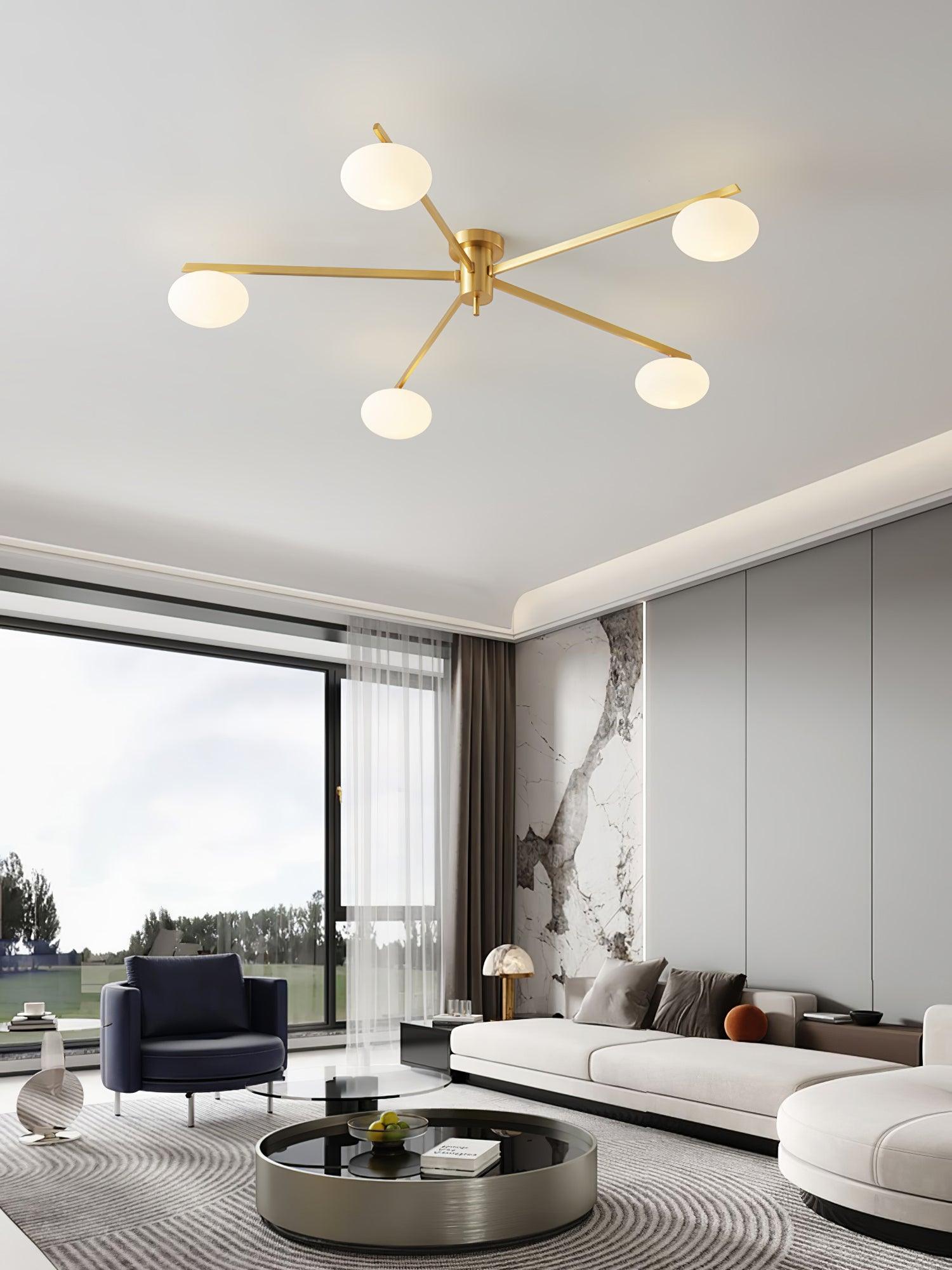 Plafondlamp met Ovale Glasbolletjes en Slanke Armen – Modern Laagprofieldesign voor Lage Plafonds in Zwart of Messing – G9 Fitting – 3-Kops, 5-Kops en 6-Kops Configuratie | Sansoti