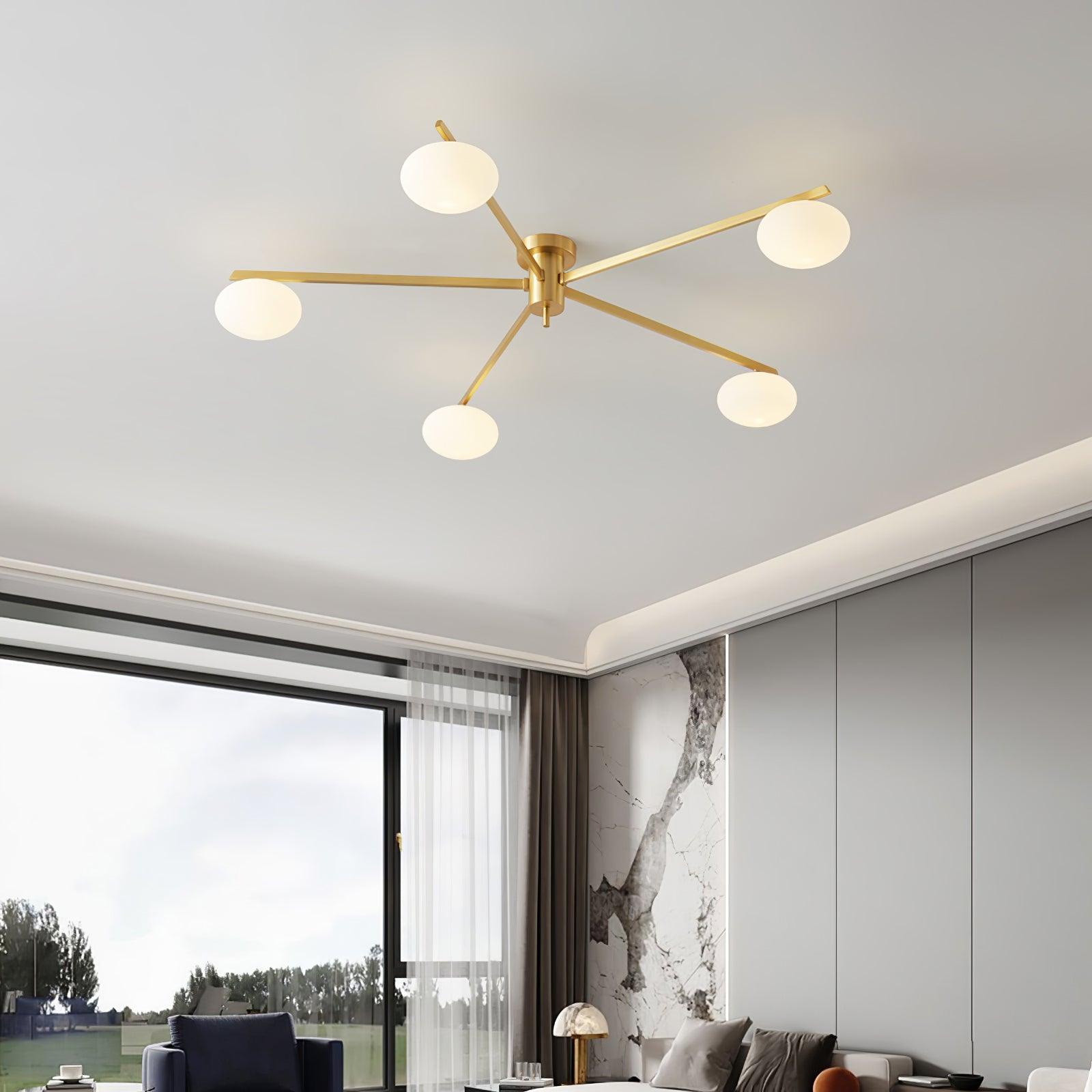 Plafondlamp met Ovale Glasbolletjes en Slanke Armen – Modern Laagprofieldesign voor Lage Plafonds in Zwart of Messing – G9 Fitting – 3-Kops, 5-Kops en 6-Kops Configuratie | Sansoti