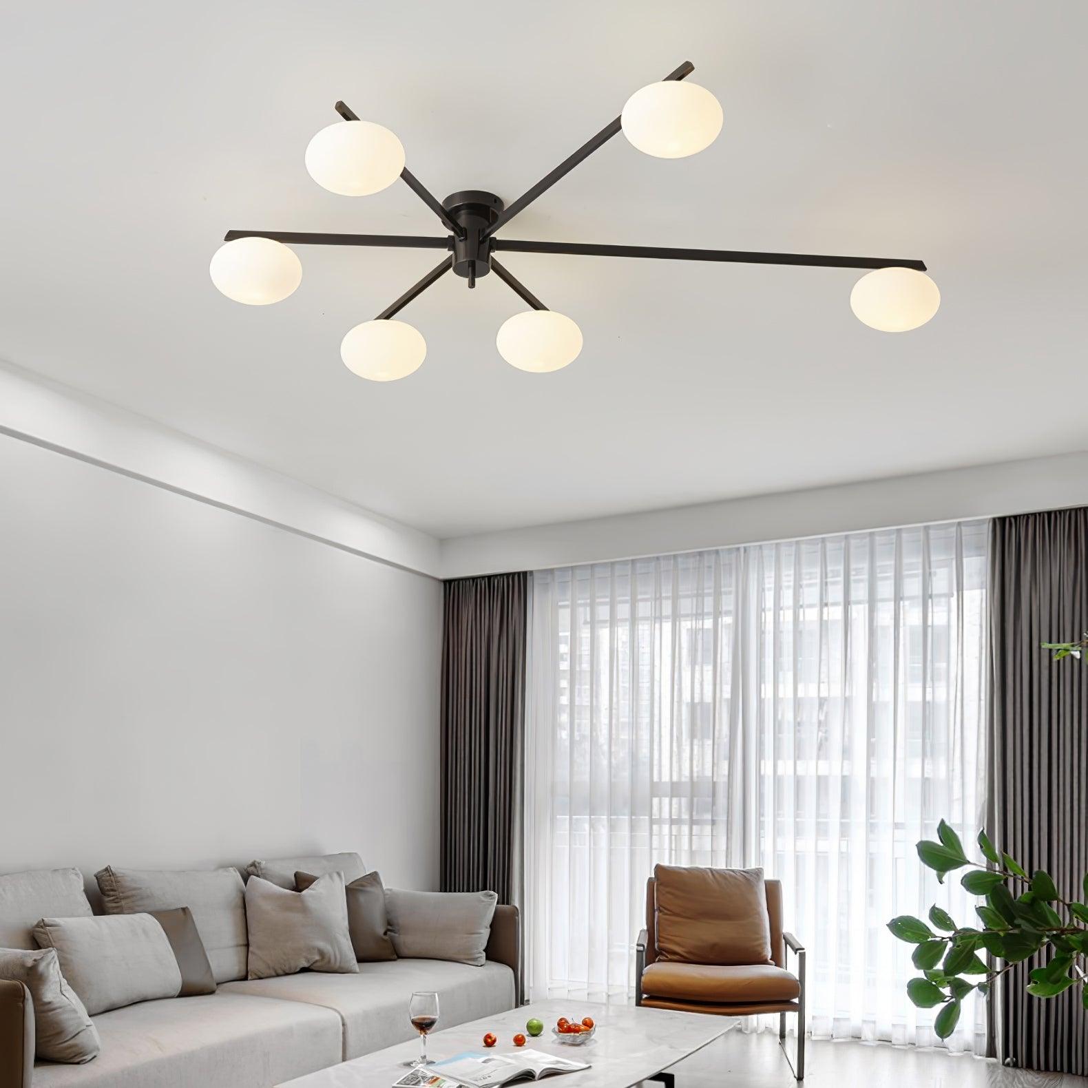 Plafondlamp met Ovale Glasbolletjes en Slanke Armen – Modern Laagprofieldesign voor Lage Plafonds in Zwart of Messing – G9 Fitting – 3-Kops, 5-Kops en 6-Kops Configuratie | Sansoti