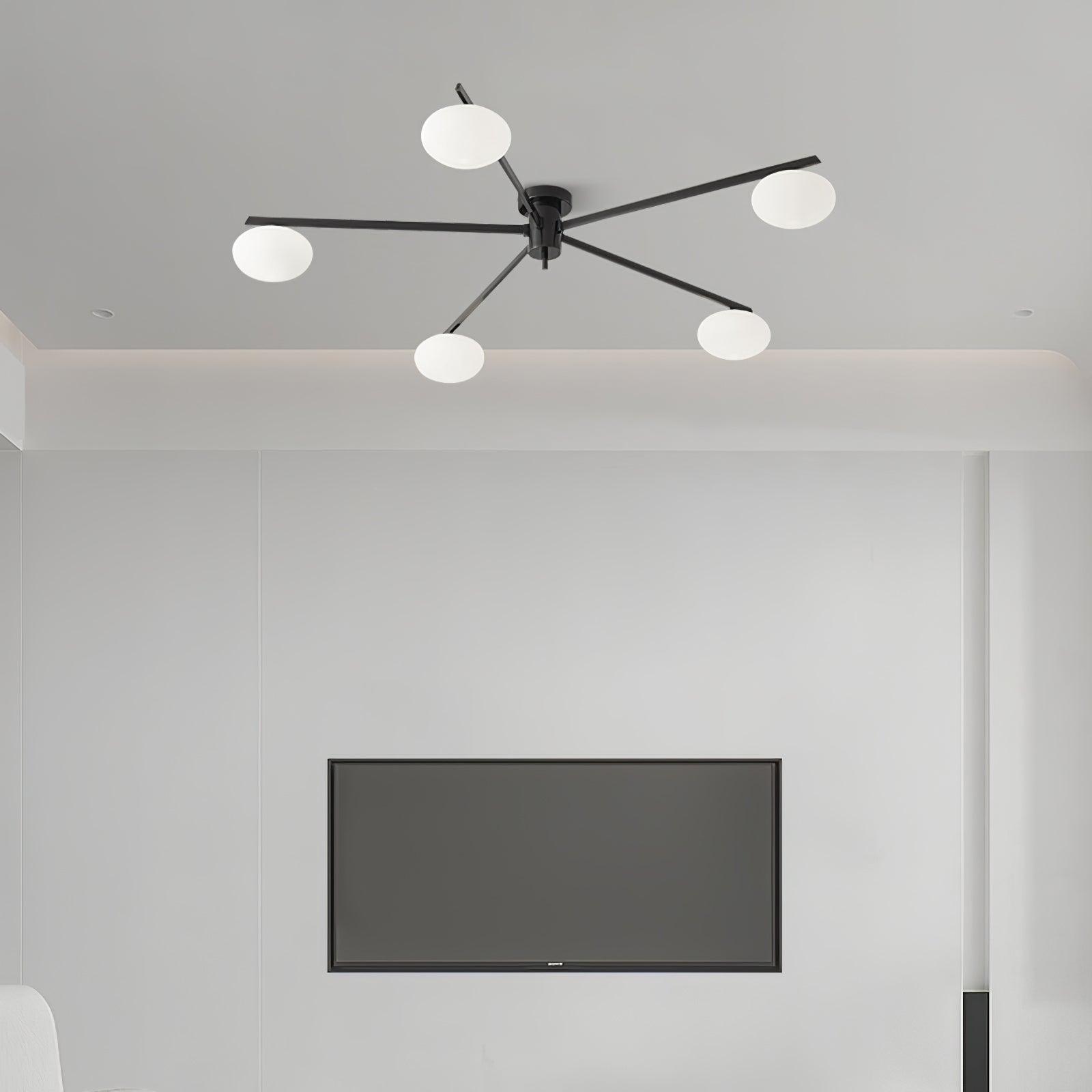 Plafondlamp met Ovale Glasbolletjes en Slanke Armen – Modern Laagprofieldesign voor Lage Plafonds in Zwart of Messing – G9 Fitting – 3-Kops, 5-Kops en 6-Kops Configuratie | Sansoti
