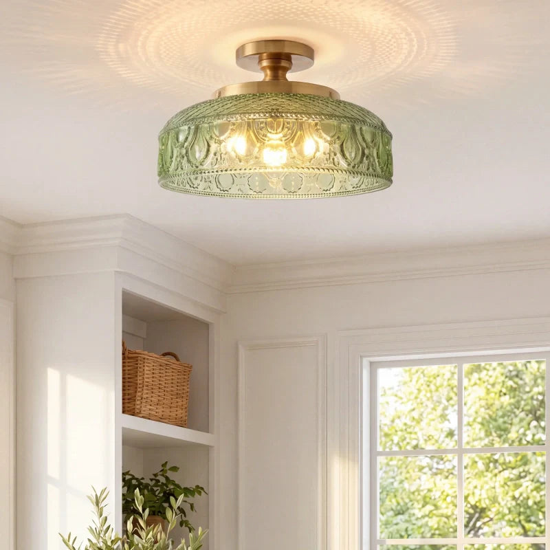 Moderne Plafondlamp met Getextureerde Glazen Schijf – Goud, Zwart & Groen – Ø30cm Designverlichting voor Woonkamer, Slaapkamer, Gang | Sansoti