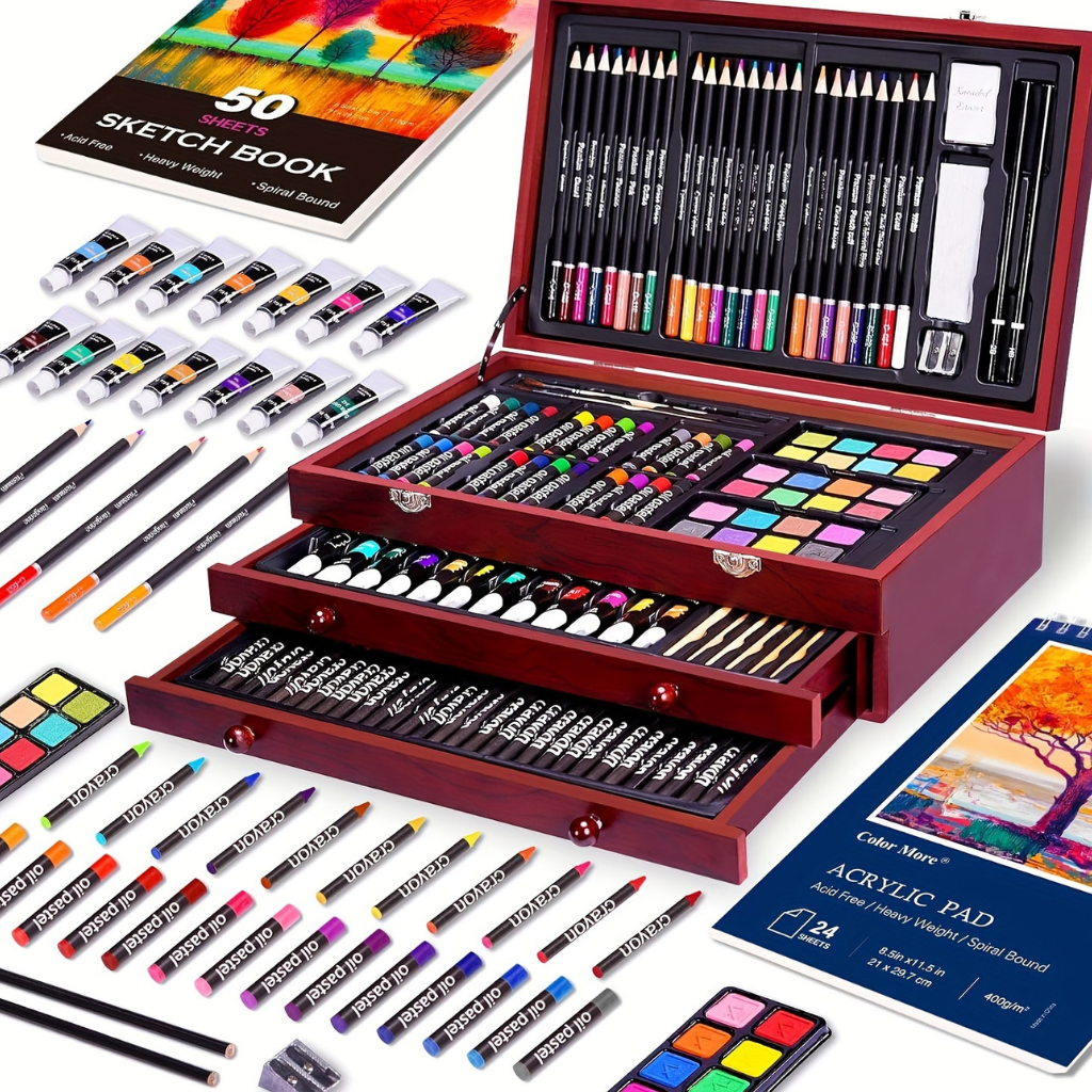 Kunstenaarsset 175-Delig met Houten Opbergbox – Malstifte Acrylverf Aquarel Pastels Tekenblok | Sansoti