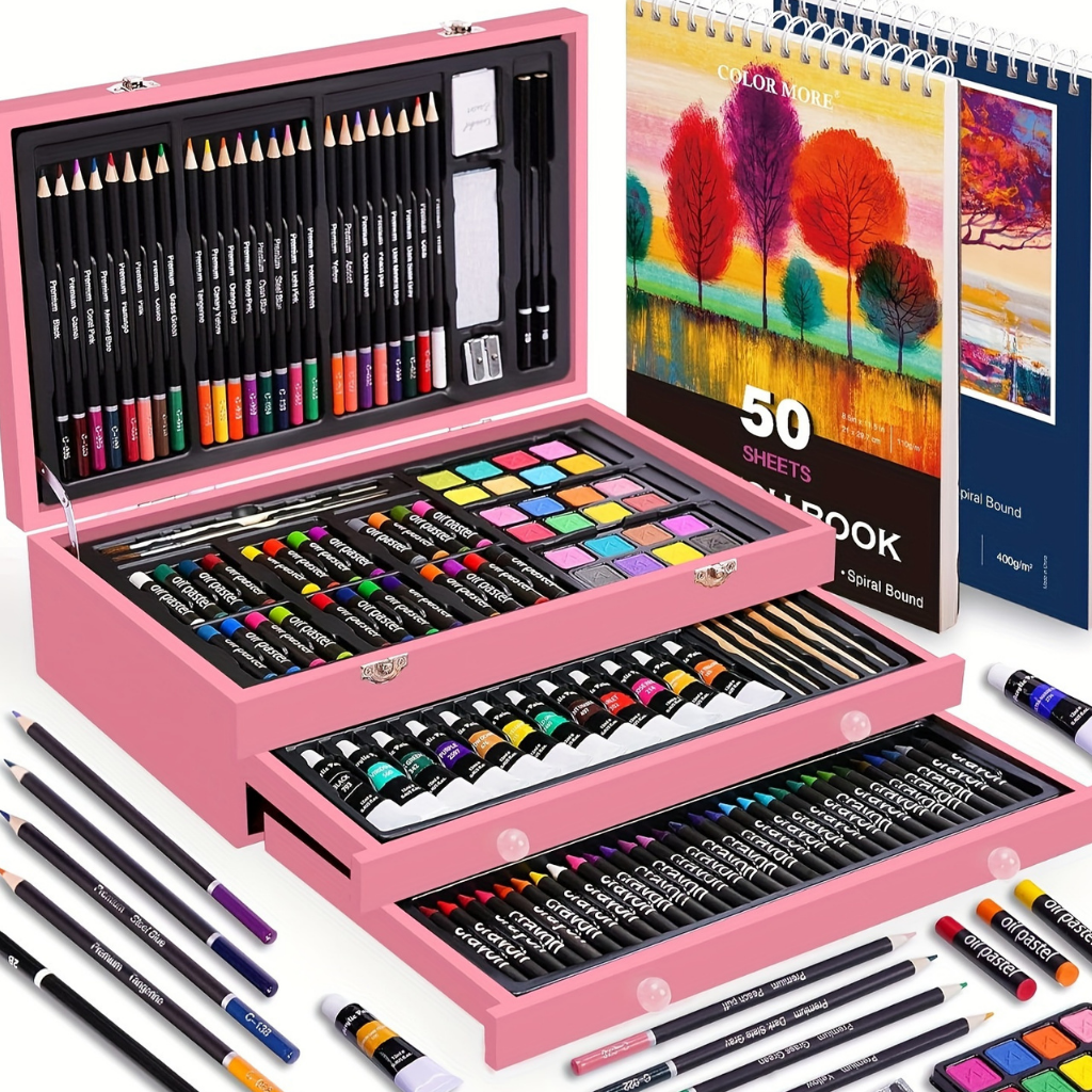 Kunstenaarsset 175-Delig met Houten Opbergbox – Malstifte Acrylverf Aquarel Pastels Tekenblok | Sansoti