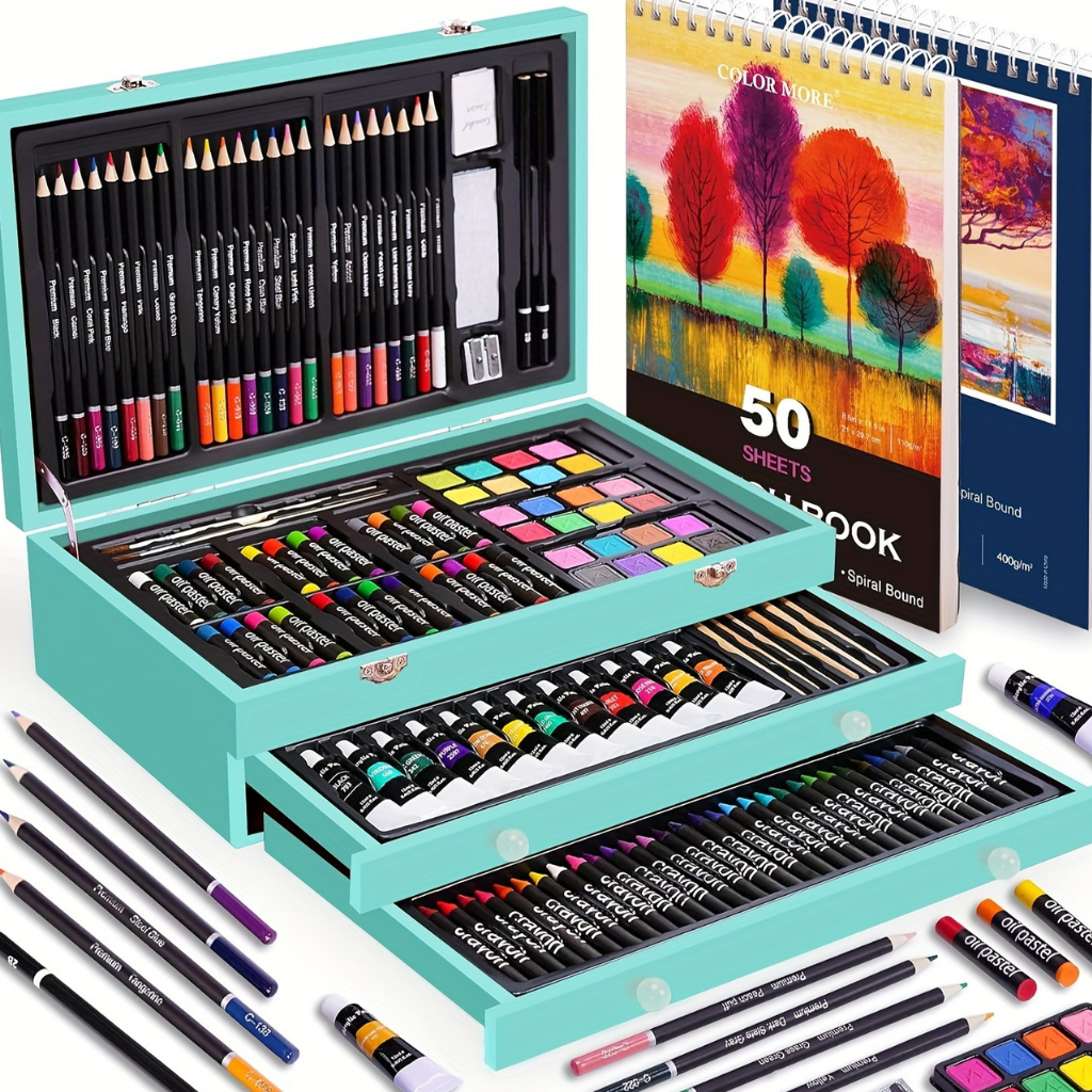 Kunstenaarsset 175-Delig met Houten Opbergbox – Malstifte Acrylverf Aquarel Pastels Tekenblok | Sansoti