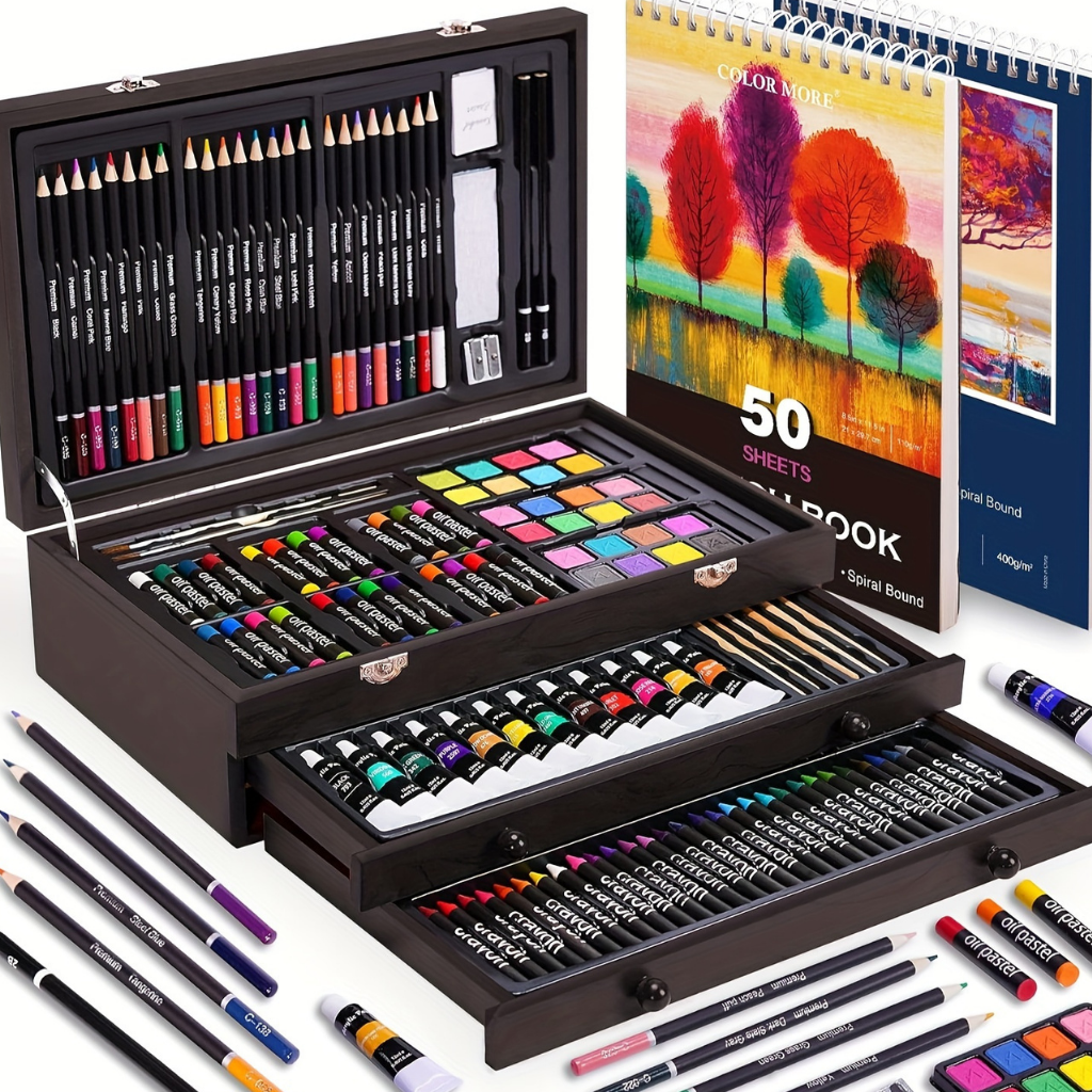 Kunstenaarsset 175-Delig met Houten Opbergbox – Malstifte Acrylverf Aquarel Pastels Tekenblok | Sansoti