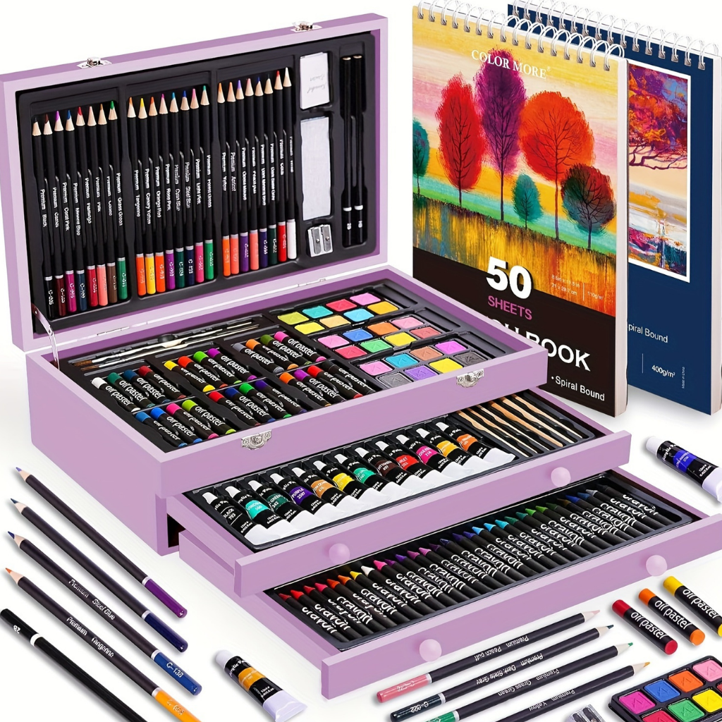 Kunstenaarsset 175-Delig met Houten Opbergbox – Malstifte Acrylverf Aquarel Pastels Tekenblok | Sansoti