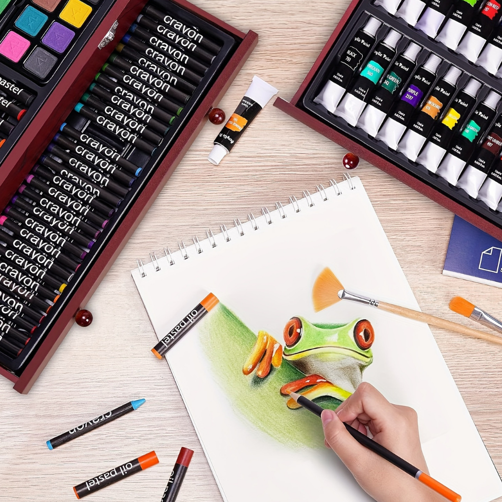 Kunstenaarsset 175-Delig met Houten Opbergbox – Malstifte Acrylverf Aquarel Pastels Tekenblok | Sansoti