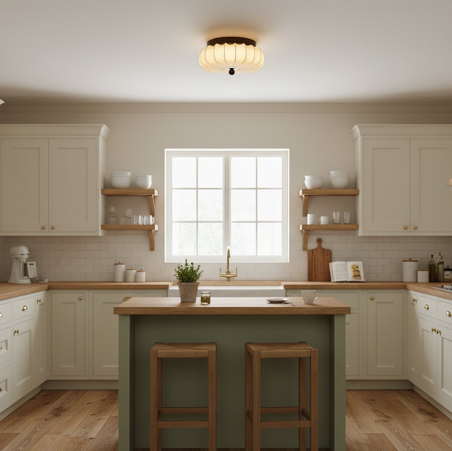 Plafondlamp met Walnoot Frame en Stoffen Kap – Vintage Design met Geïntegreerde LED | Sansoti