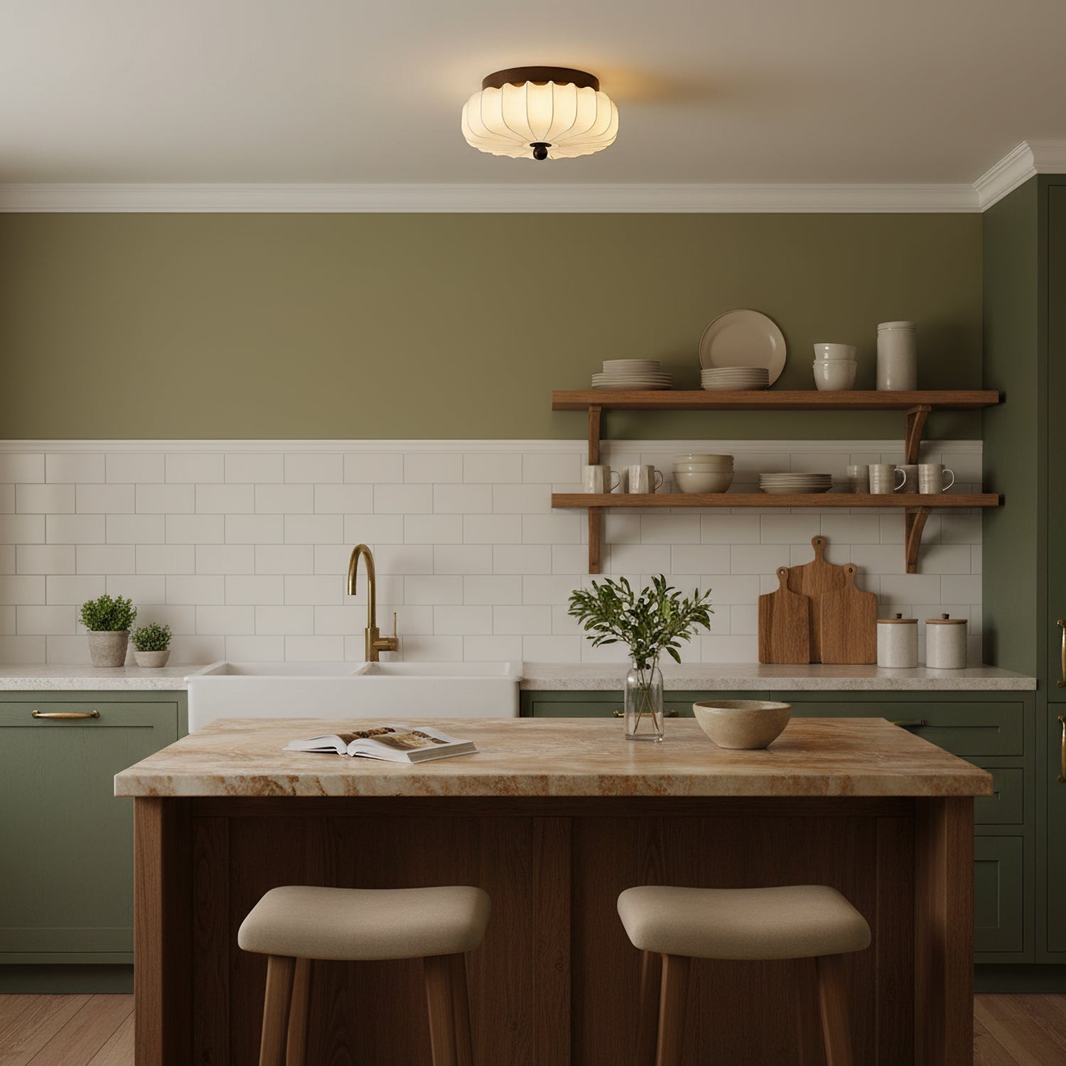 Plafondlamp met Walnoot Frame en Stoffen Kap – Vintage Design met Geïntegreerde LED | Sansoti
