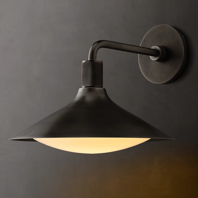 Mosiężna lampa ścienna z matowym, stożkowym szkłem, nowoczesna, industrialna, ściemniana, nastrojowe światło, do sypialni, salonu i korytarza | Sansoti
