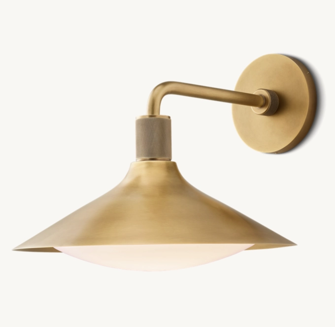Mosiężna lampa ścienna z matowym, stożkowym szkłem, nowoczesna, industrialna, ściemniana, nastrojowe światło, do sypialni, salonu i korytarza | Sansoti