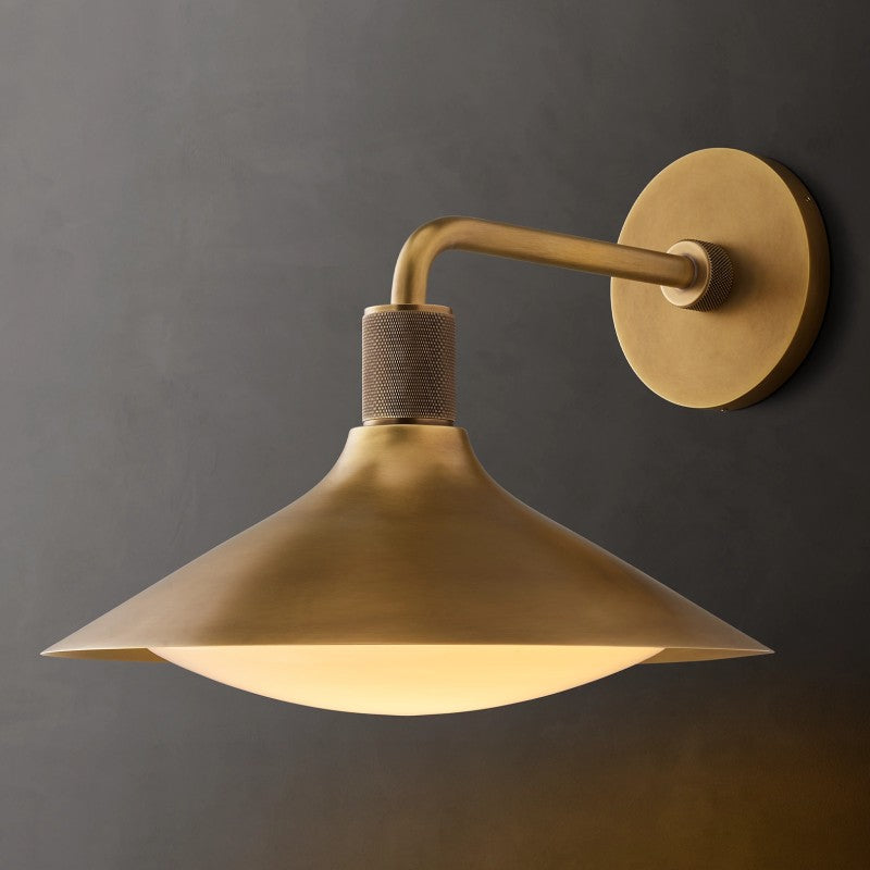 Mosiężna lampa ścienna z matowym, stożkowym szkłem, nowoczesna, industrialna, ściemniana, nastrojowe światło, do sypialni, salonu i korytarza | Sansoti
