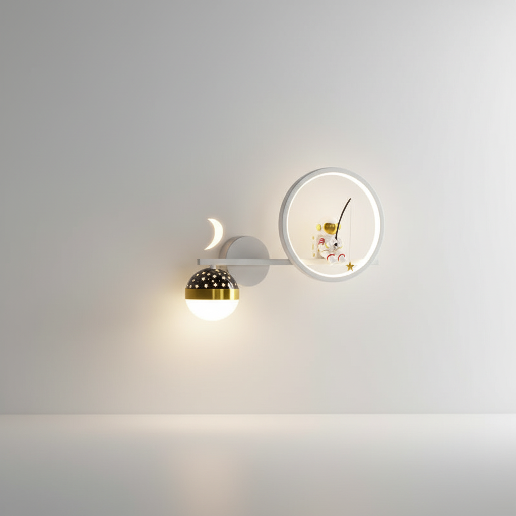 Wandlamp Kinderkamer Astronaut LED Goud Sterren Maan Nachtlamp Jongens Meisjes Babykamer Wandlicht Ruimtevaart Sfeerlamp | Sansoti