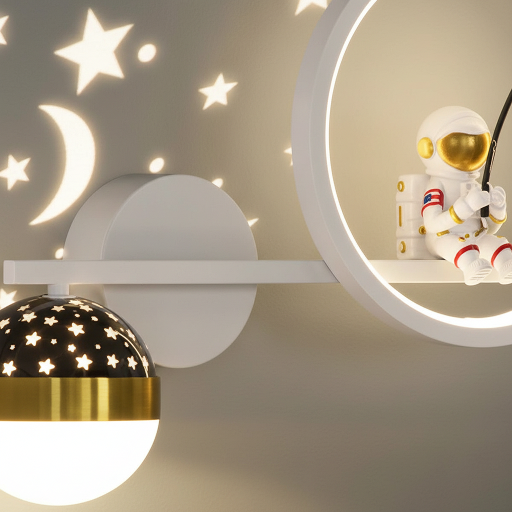 Wandlamp Kinderkamer Astronaut LED Goud Sterren Maan Nachtlamp Jongens Meisjes Babykamer Wandlicht Ruimtevaart Sfeerlamp | Sansoti