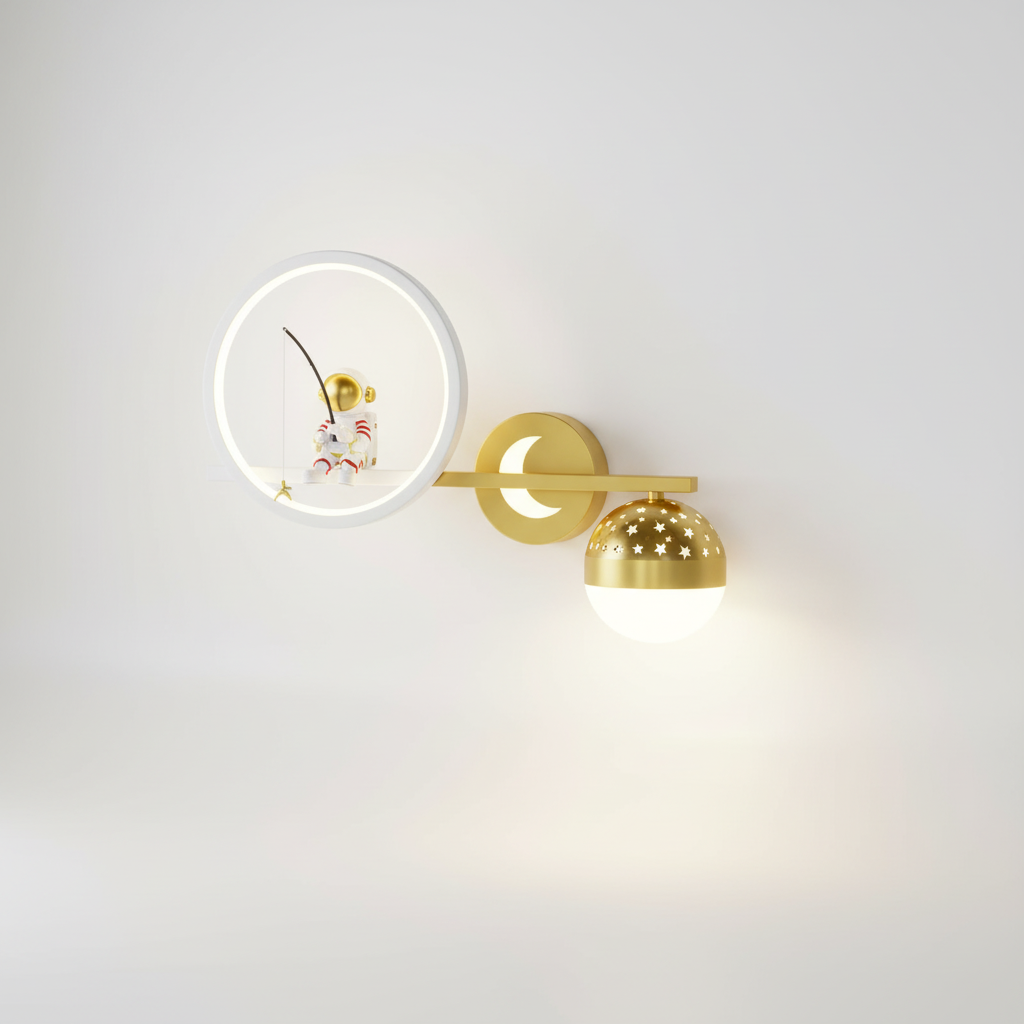 Wandlamp Kinderkamer Astronaut LED Goud Sterren Maan Nachtlamp Jongens Meisjes Babykamer Wandlicht Ruimtevaart Sfeerlamp | Sansoti