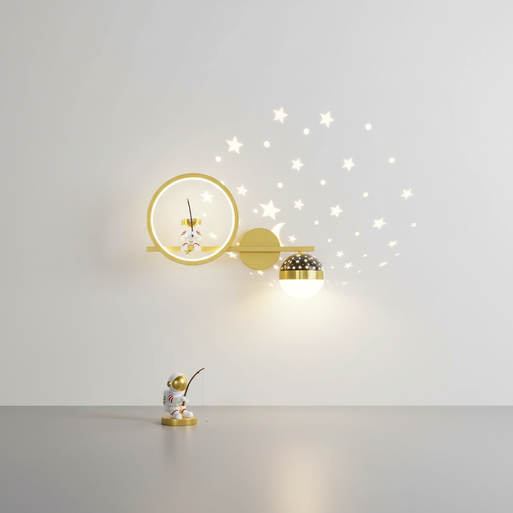 Wandlamp Kinderkamer Astronaut LED Goud Sterren Maan Nachtlamp Jongens Meisjes Babykamer Wandlicht Ruimtevaart Sfeerlamp | Sansoti