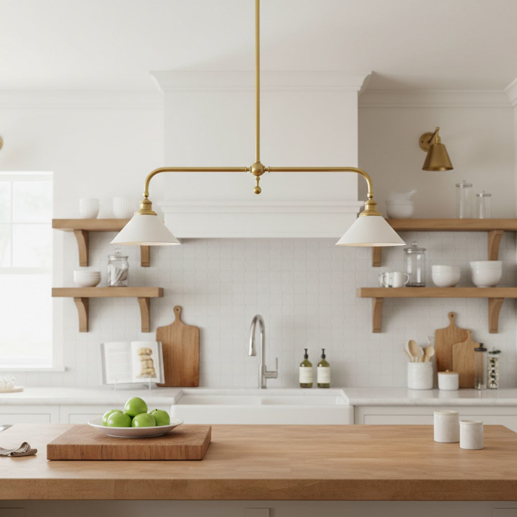 Luxe Design Hanglamp Met Witte Glazen Kappen Voor Eettafel En Keukeneiland In Messing Afwerking | Sansoti