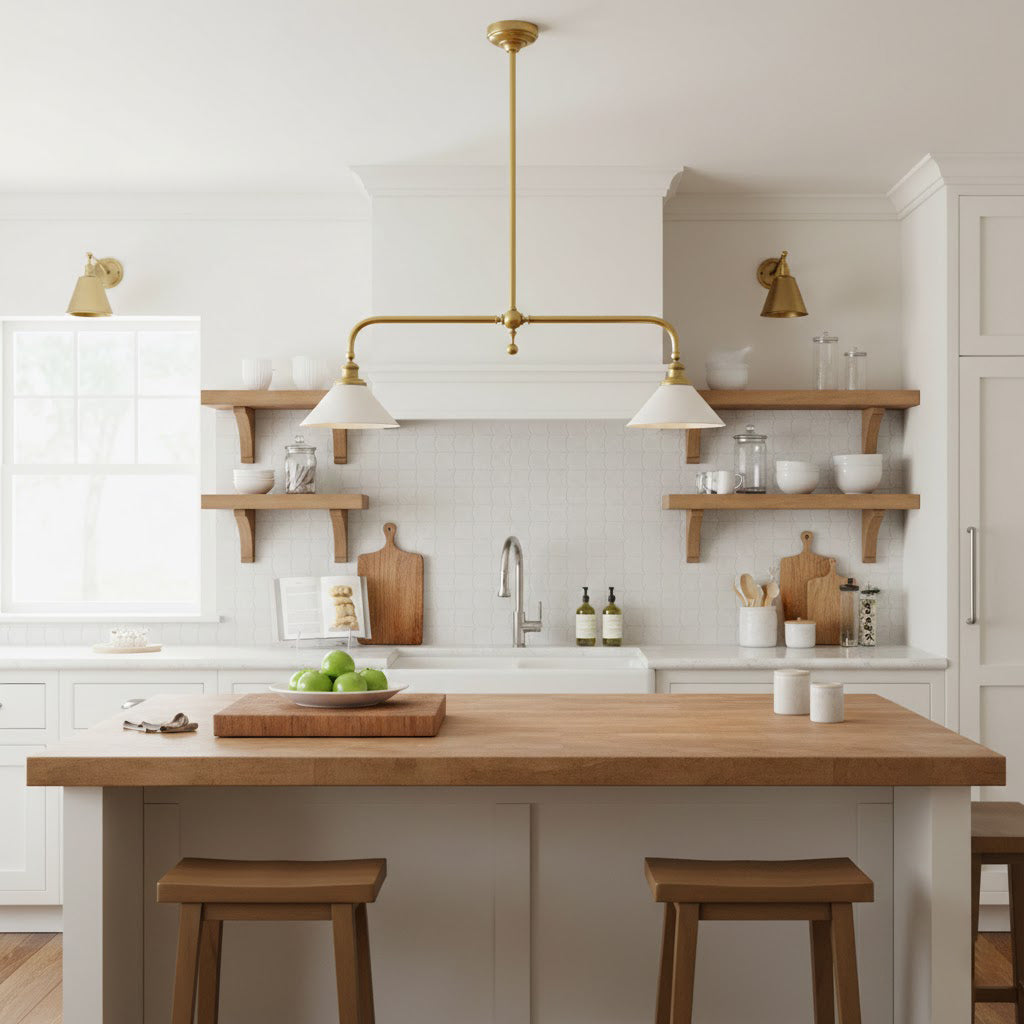 Luxe Design Hanglamp Met Witte Glazen Kappen Voor Eettafel En Keukeneiland In Messing Afwerking | Sansoti