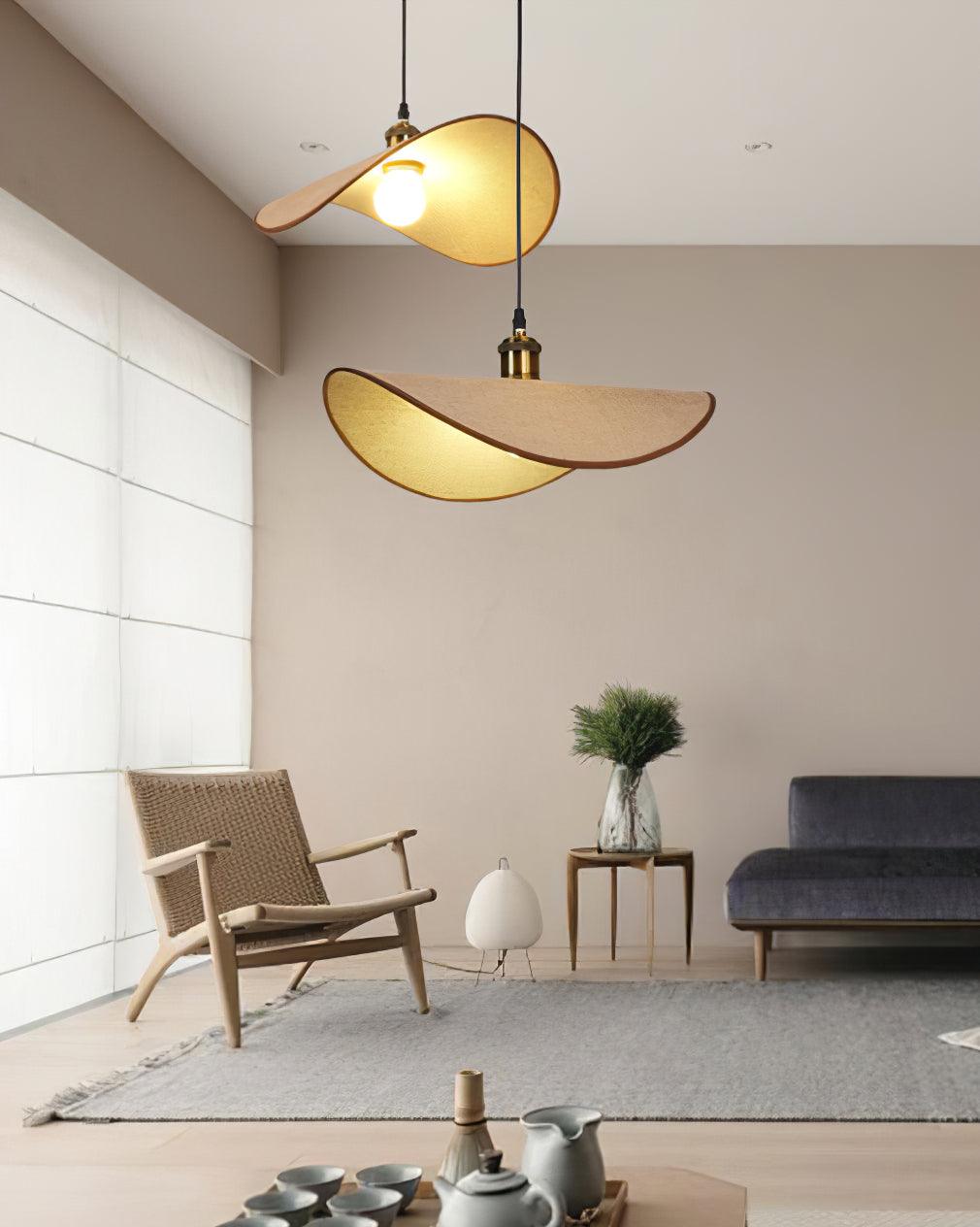 Pendant Light Linen Shade Wooden Accents Minimalist Design Scandinavian Dining Table Living Room Lighting | Sansoti