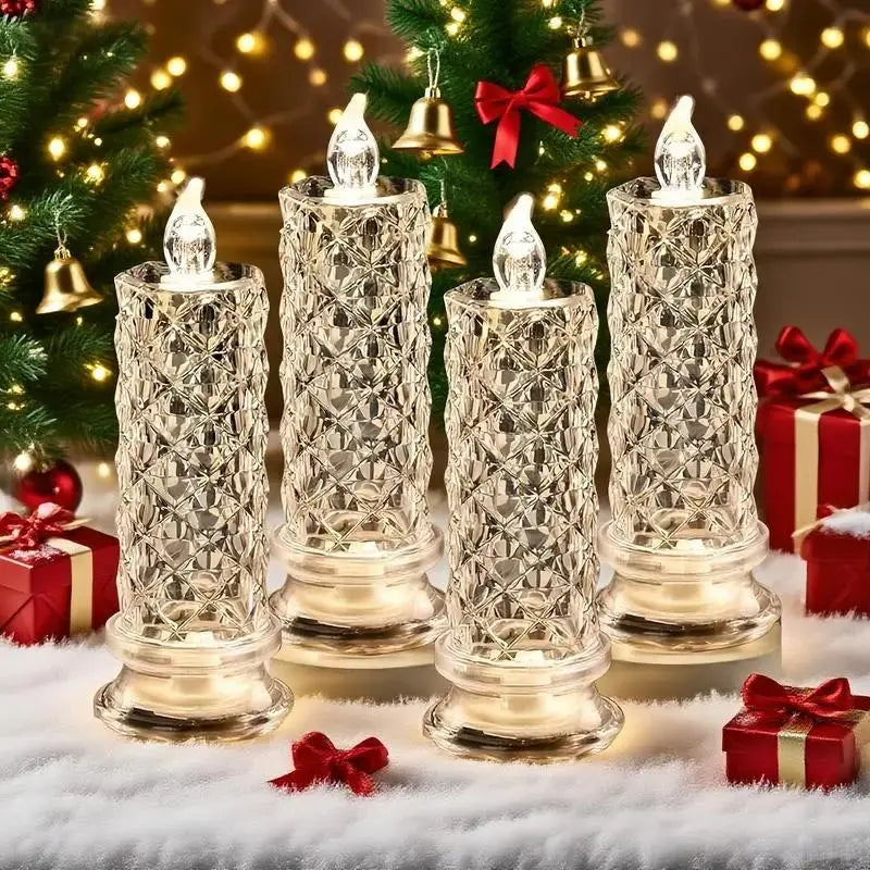 LED Kristalkaars Set 4 Stuks Warmwit Licht Batterij Veilige Nepkaarsen voor Feestdagen en Sfeerverlichting Zonder Vlam Kristalglas Look Tafeldecoratie | Sansoti