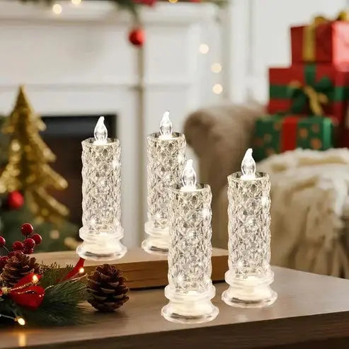 LED Kristalkaars Set 4 Stuks Warmwit Licht Batterij Veilige Nepkaarsen voor Feestdagen en Sfeerverlichting Zonder Vlam Kristalglas Look Tafeldecoratie | Sansoti