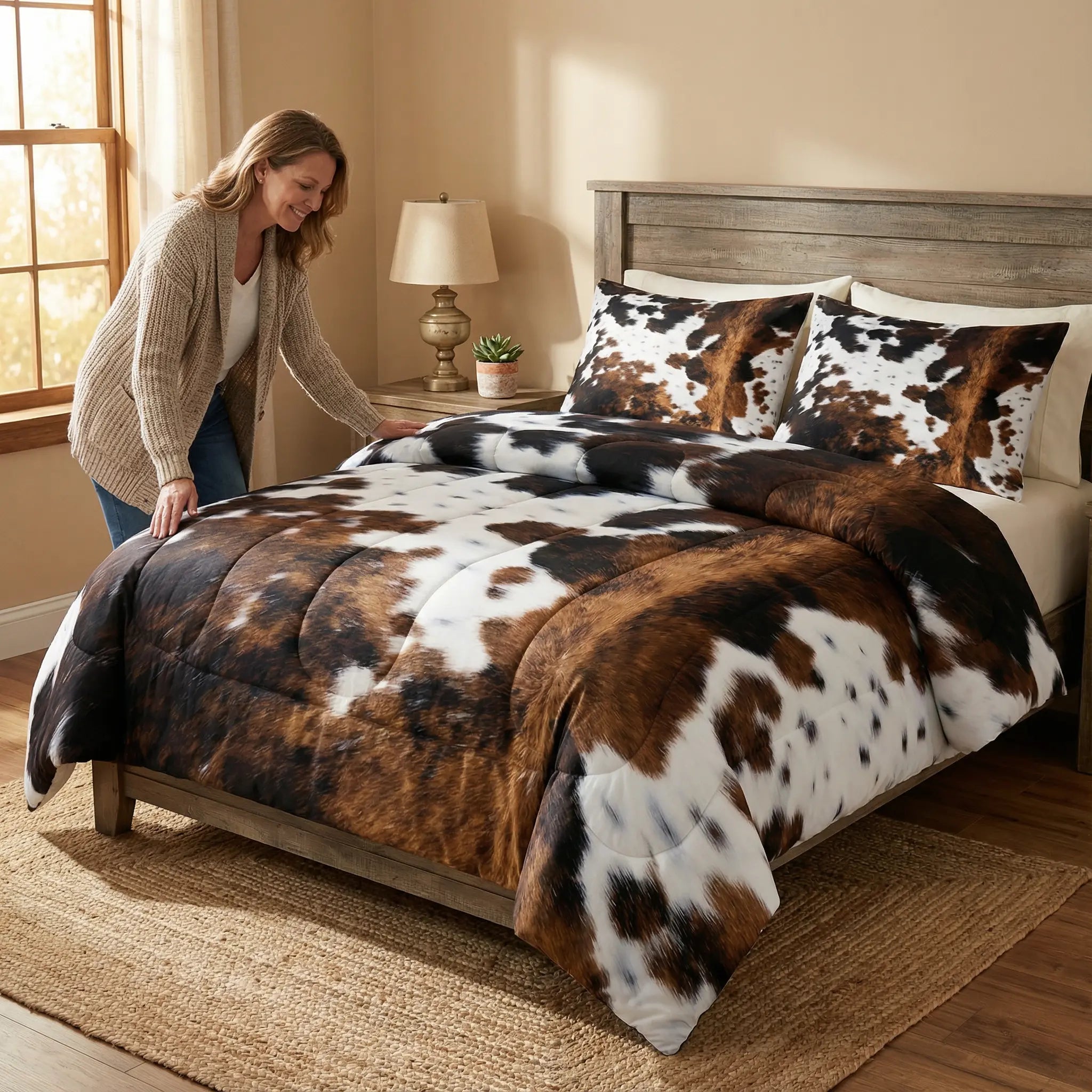 Dekbedovertrek Set met Koeienprint Western Stijl Bruin Zwart Wit Polyester 90gsm voor 1-persoons tot Kingsize Bed | Sansoti