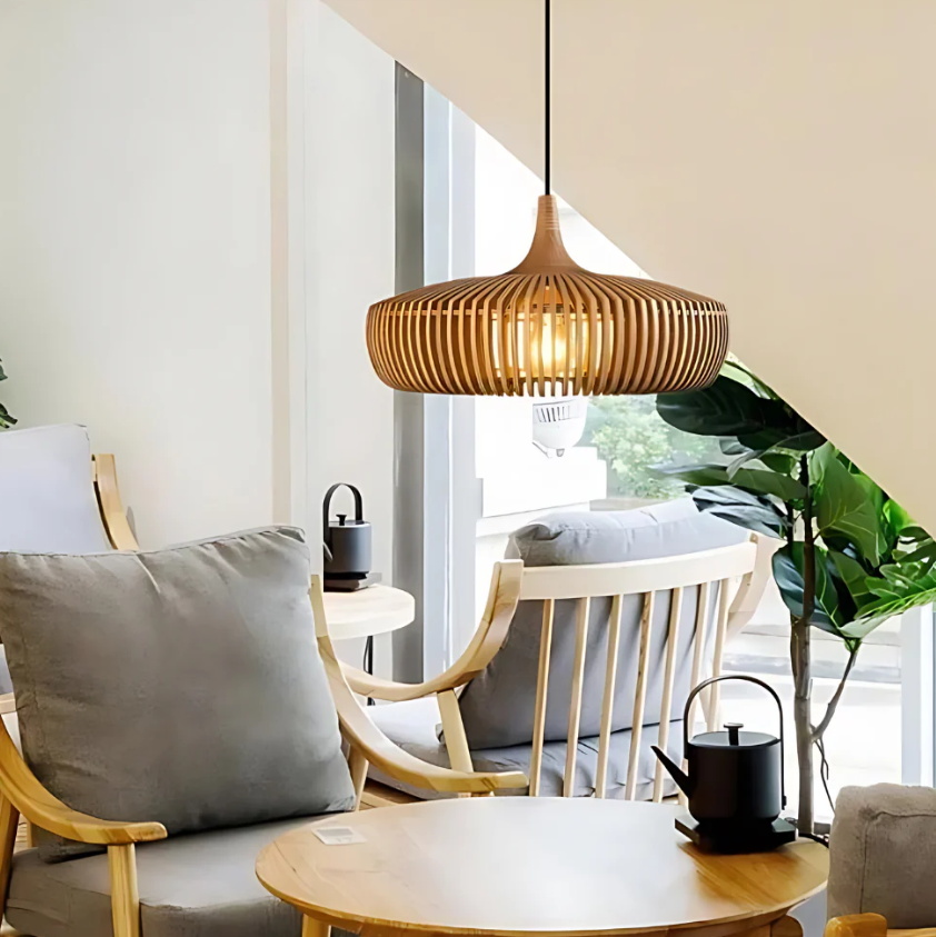 Houten Hanglamp Japandi Design Massief Hout 43cm | Sansoti