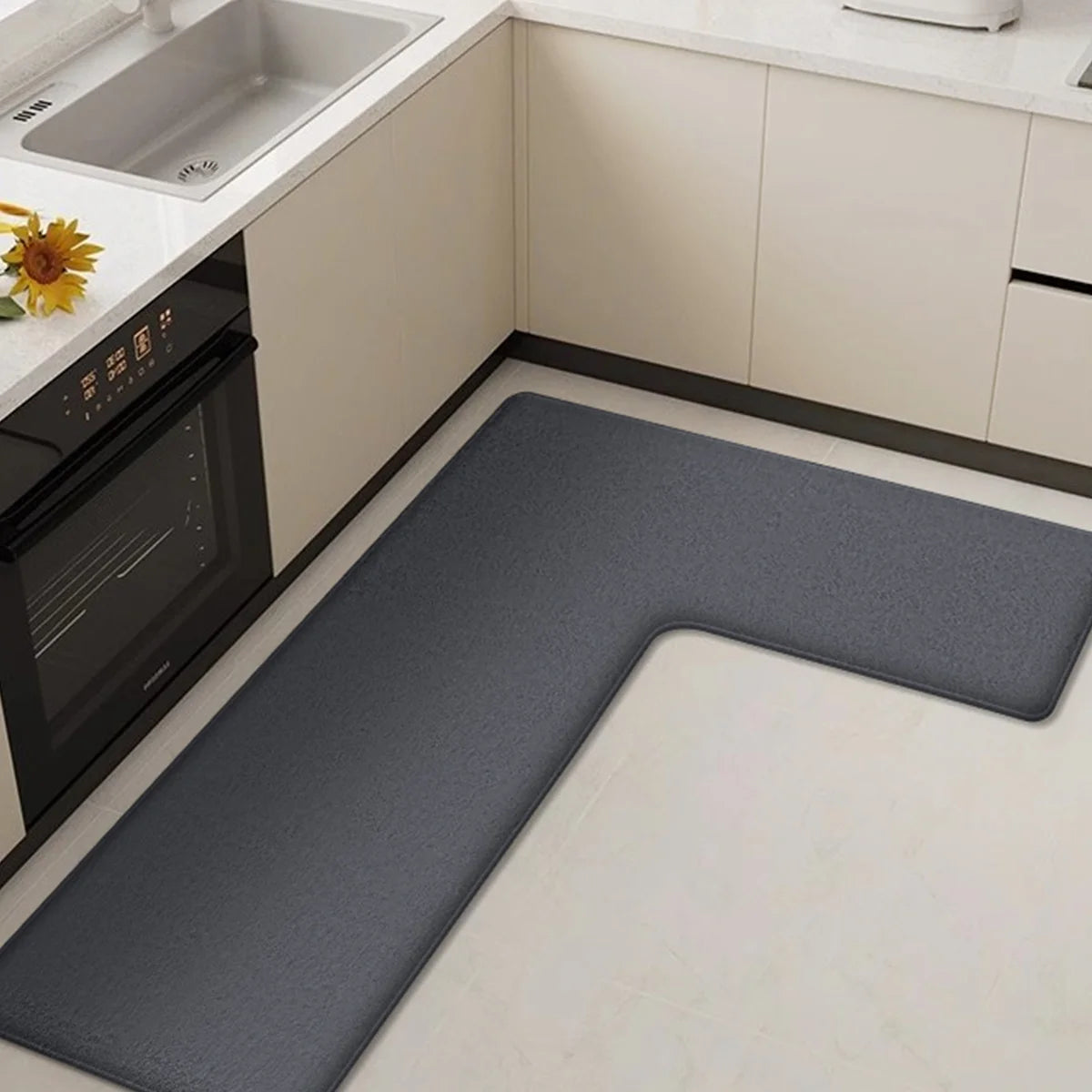 L-vormige Anti-vermoeidheidsmat voor Keuken met Antislip Zachte Flanel en Waterabsorberend Ontwerp voor Aanrecht en Spoelbak | Sansoti