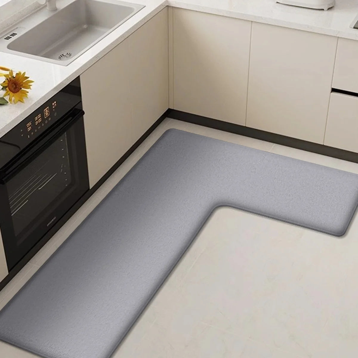 L-vormige Anti-vermoeidheidsmat voor Keuken met Antislip Zachte Flanel en Waterabsorberend Ontwerp voor Aanrecht en Spoelbak | Sansoti