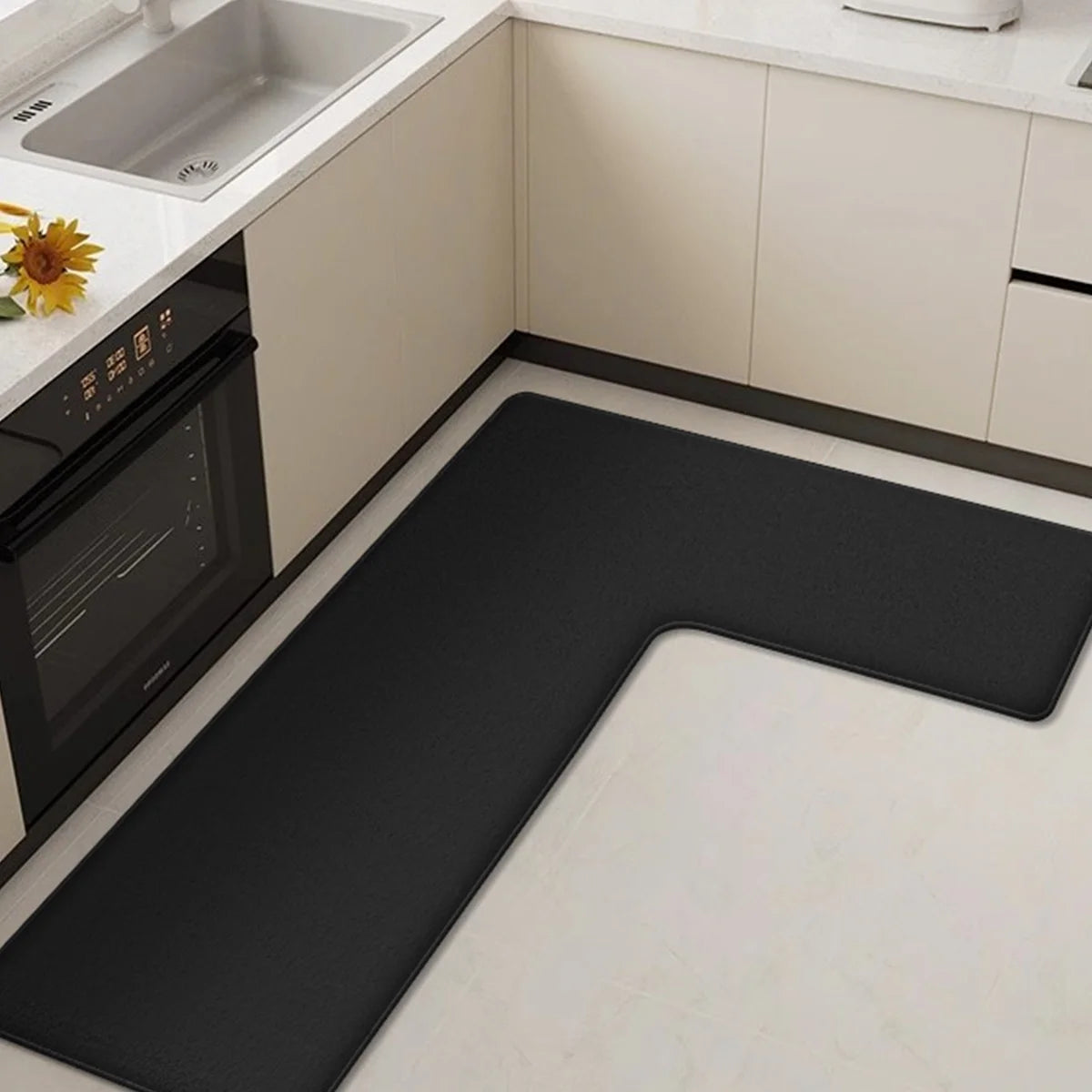 L-vormige Anti-vermoeidheidsmat voor Keuken met Antislip Zachte Flanel en Waterabsorberend Ontwerp voor Aanrecht en Spoelbak | Sansoti