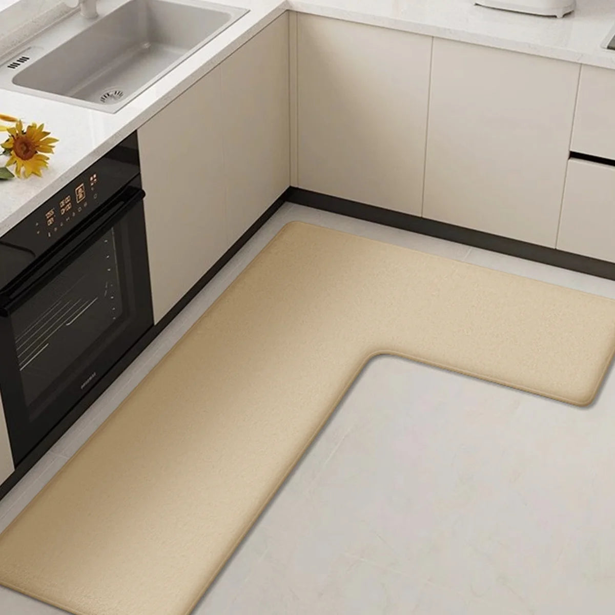L-vormige Anti-vermoeidheidsmat voor Keuken met Antislip Zachte Flanel en Waterabsorberend Ontwerp voor Aanrecht en Spoelbak | Sansoti