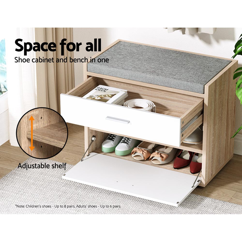 Schuhbank mit Stauraum und Schublade – Weißer Holz-Schuhschrank mit Sitzkissen für Flur und Eingangsbereich | Restfield