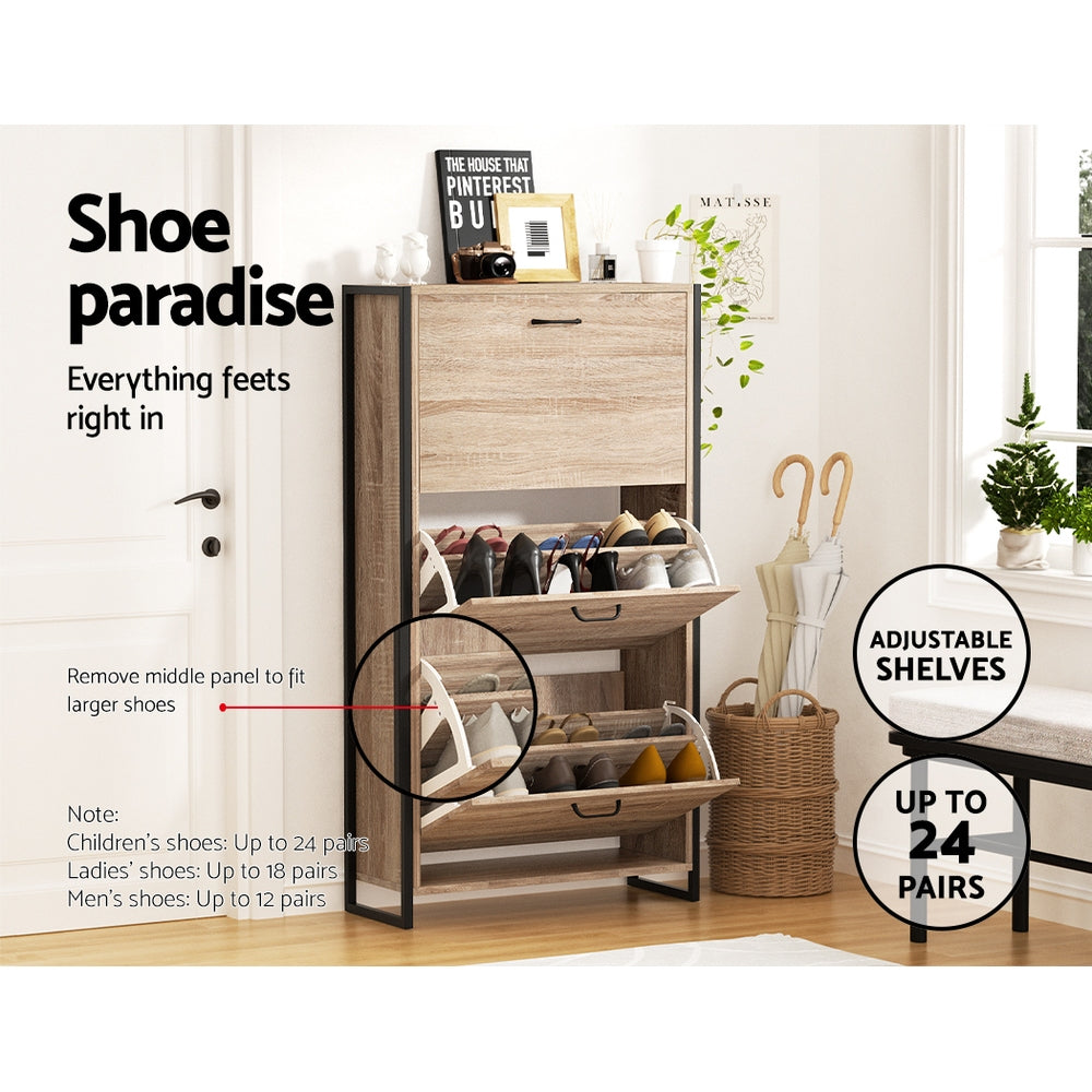 Schoenenkast met Organiser en 24 Paar Opbergcapaciteit – Houten Front en Metalen Frame | Sansoti