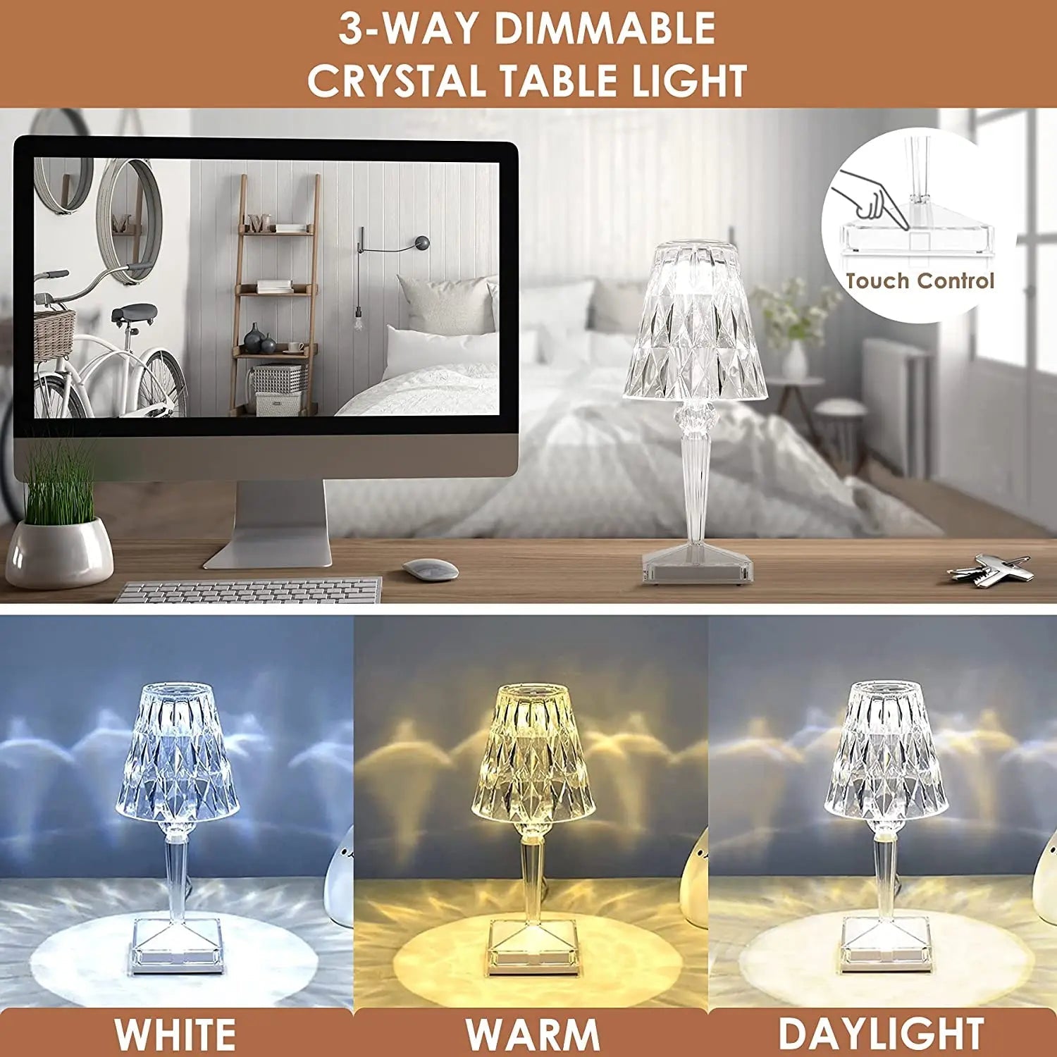 Draadloze LED Tafellamp met Kristalgeslepen Finish Transparant Oplaadbaar | Sansoti