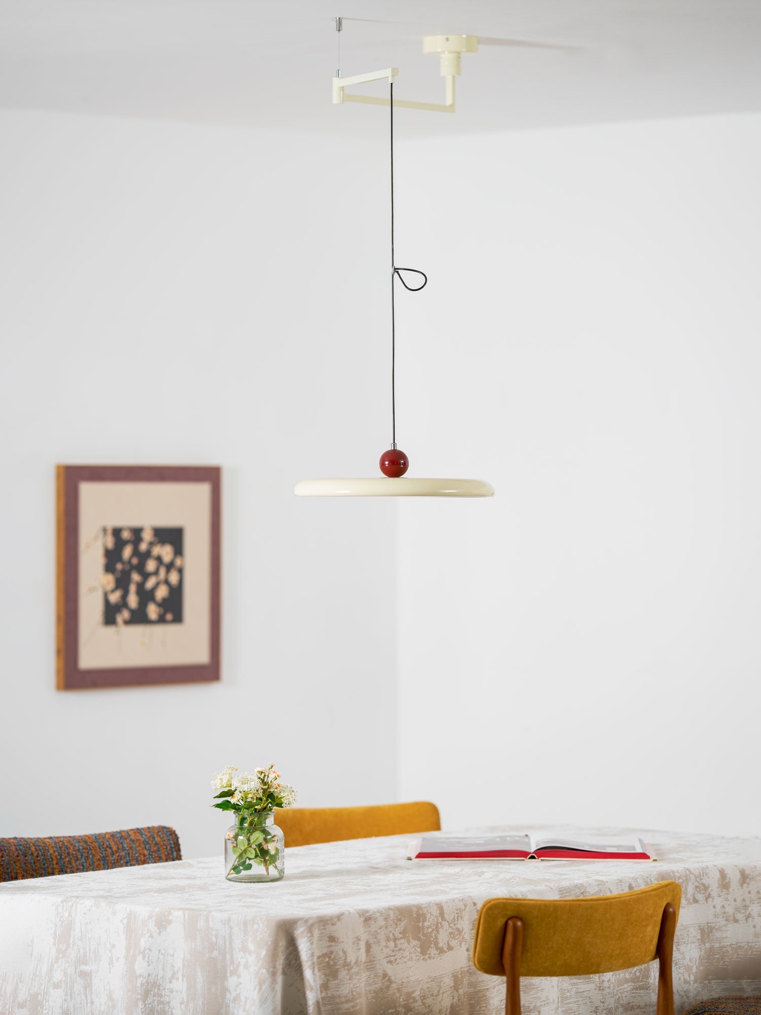 Mid-Century Swing Hanglamp — Kinetisch Design met Zwevende Schijf & Contragewicht | Verstelbare Armlamp voor Moderne Eetkamers en Creatieve Werkruimtes | Integrale LED | Sansoti