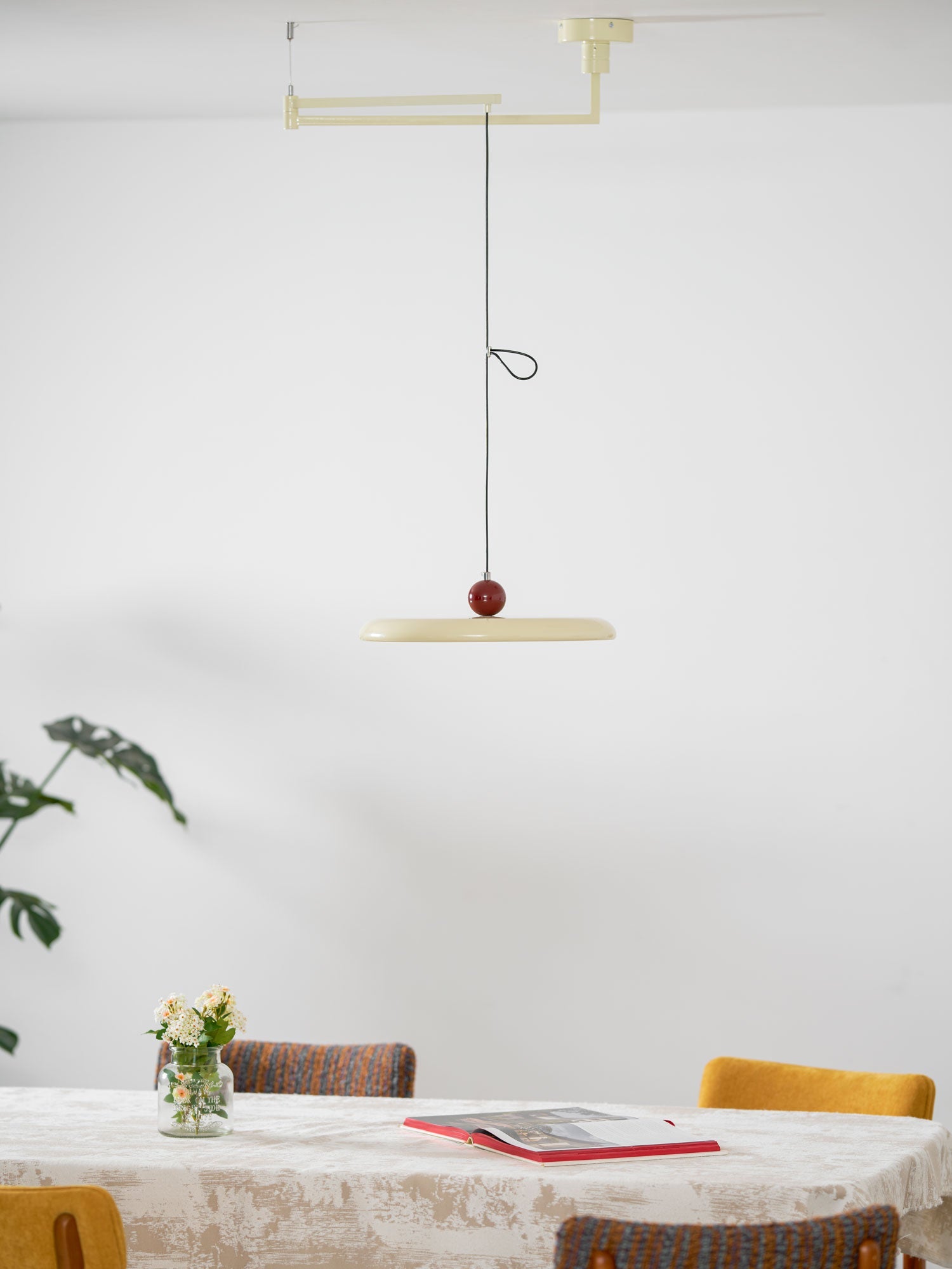 Mid-Century Swing Hanglamp — Kinetisch Design met Zwevende Schijf & Contragewicht | Verstelbare Armlamp voor Moderne Eetkamers en Creatieve Werkruimtes | Integrale LED | Sansoti