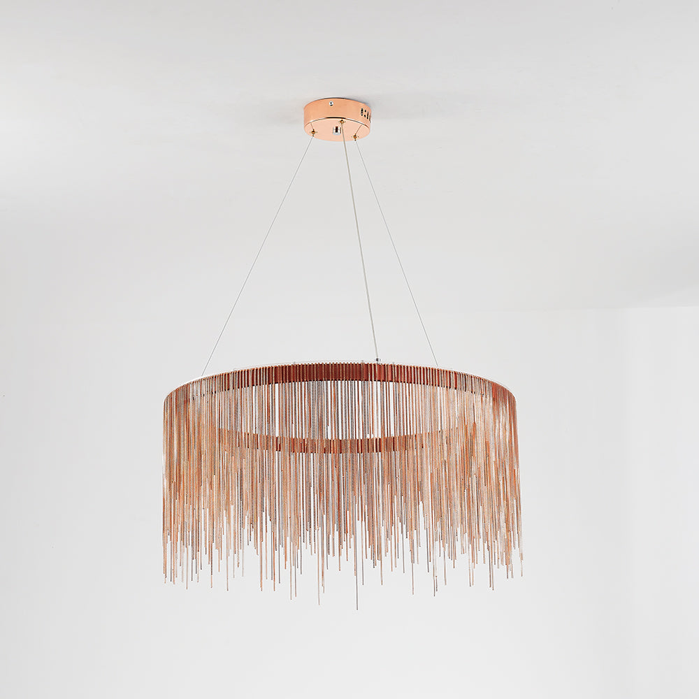 Suspension à chaîne avec pampilles LED en métal doré, argenté ou or rose pour salle à manger, salon ou chambre | Sansoti