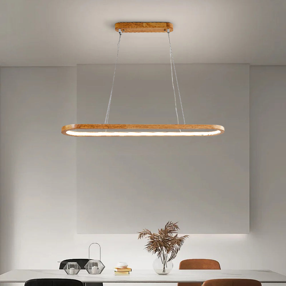 Suspension ovale en bois avec éclairage LED pour salle à manger, salon et cuisine, design scandinave, lumière chaleureuse | Sansoti