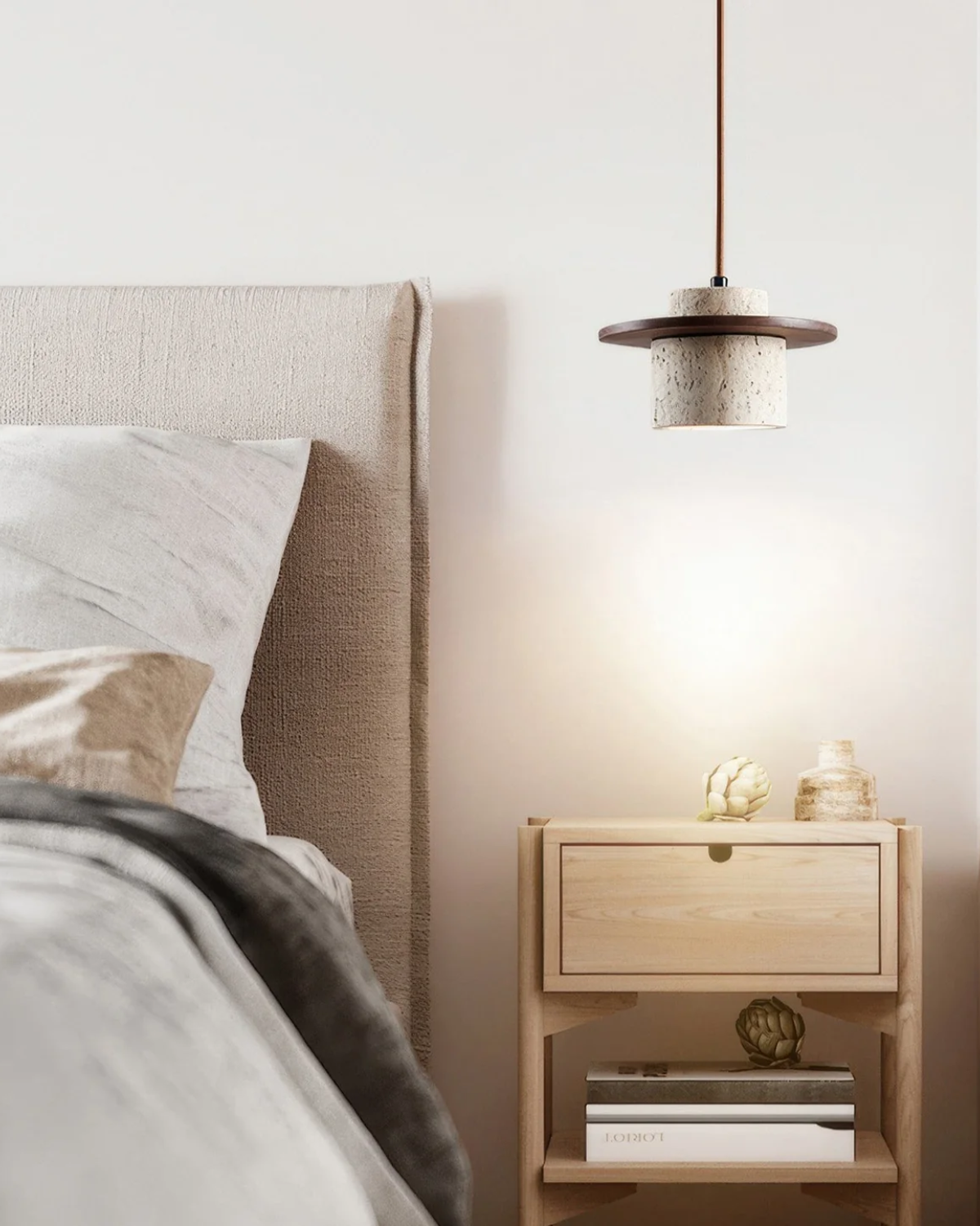 Hanglamp natuursteen travertijn met walnoot accent modern design | Sansoti