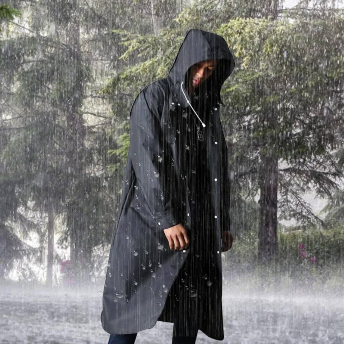 Waterproof Long Coat for Men with Adjustable Hood Black Breathable Rain-Resistant Outdoor Coat Winter-Ready Jacket | Sansoti