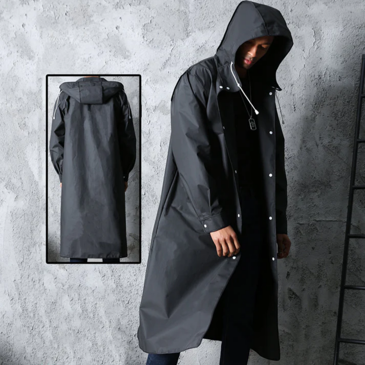 Waterproof Long Coat for Men with Adjustable Hood Black Breathable Rain-Resistant Outdoor Coat Winter-Ready Jacket | Sansoti