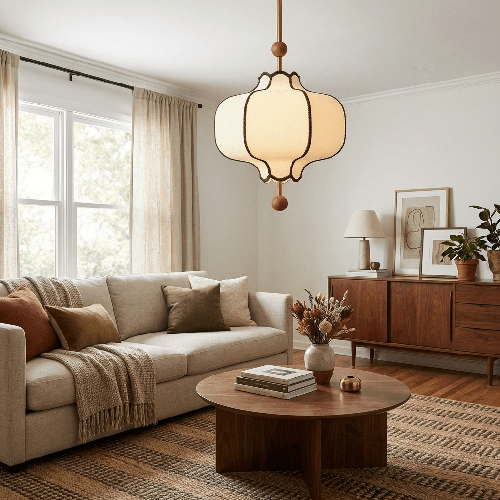 Stoffen Hanglamp met Lantaarnvorm – Walnoot of Goud Frame – 25 tot 50 cm – Scandinavisch Design Plafondlamp | Sansoti