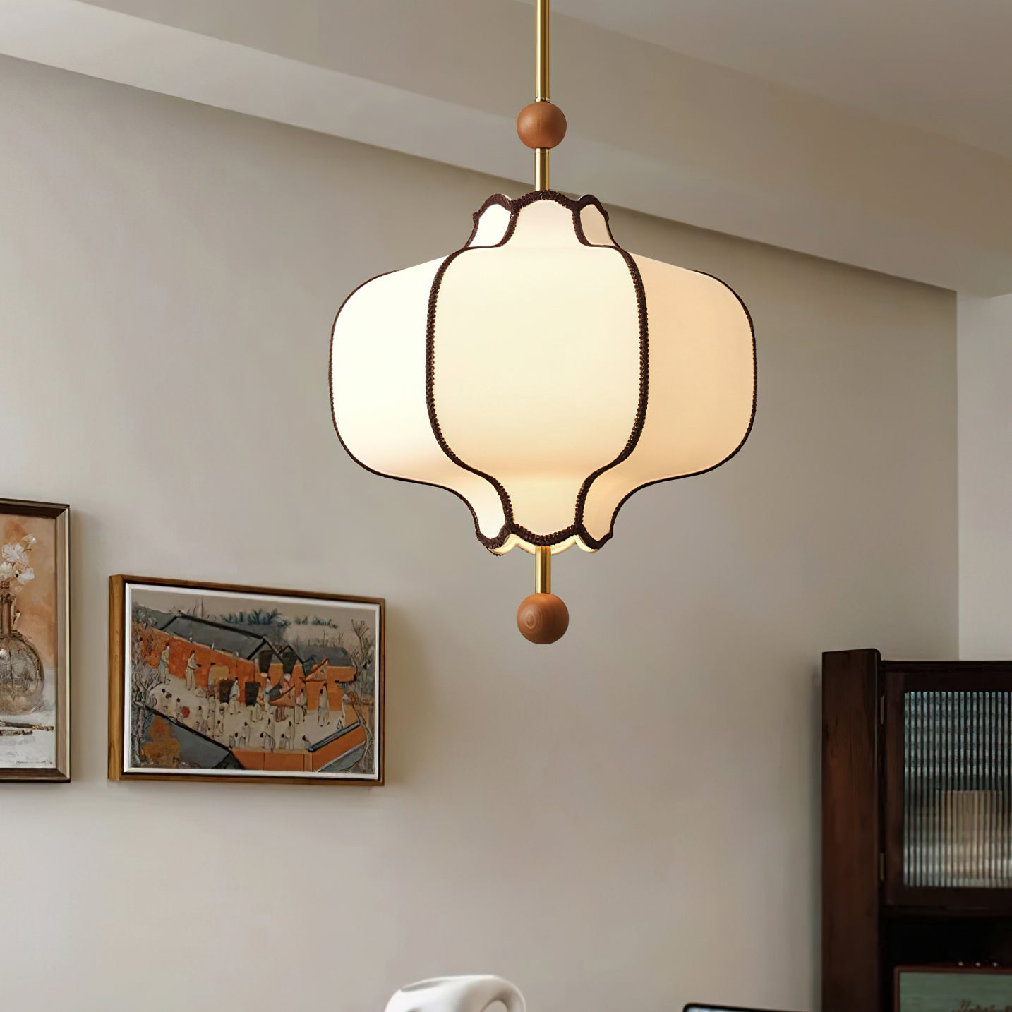 Stoffen Hanglamp met Lantaarnvorm – Walnoot of Goud Frame – 25 tot 50 cm – Scandinavisch Design Plafondlamp | Sansoti